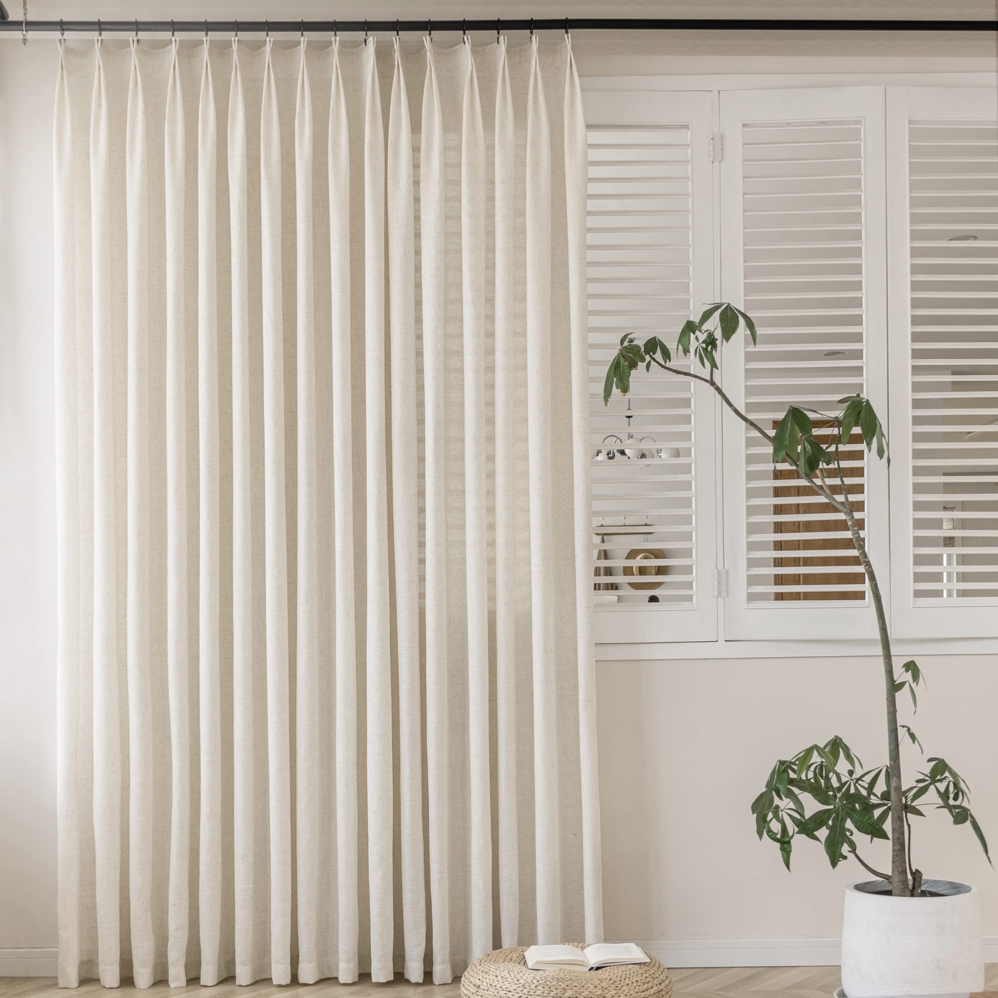 MAIHER Linen Textured Pleated Curtains 63 Inches Long for Living Room, Light Filtering Pinch Pleat Semi Sheer Drapes Curtains with Tieback and Hooks, Natural Linen (1 Panel, 54" W x 63" L)