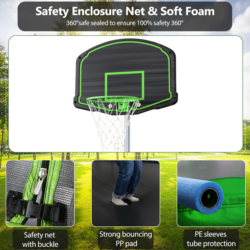 Lyromix 12FT Trampoline with Slide and Swings, ASTM Approved Large Recreational Tranpoline with Sprinkler, Basketball Hoop and Net, Capacity for 5-7 Kids Adults, Green