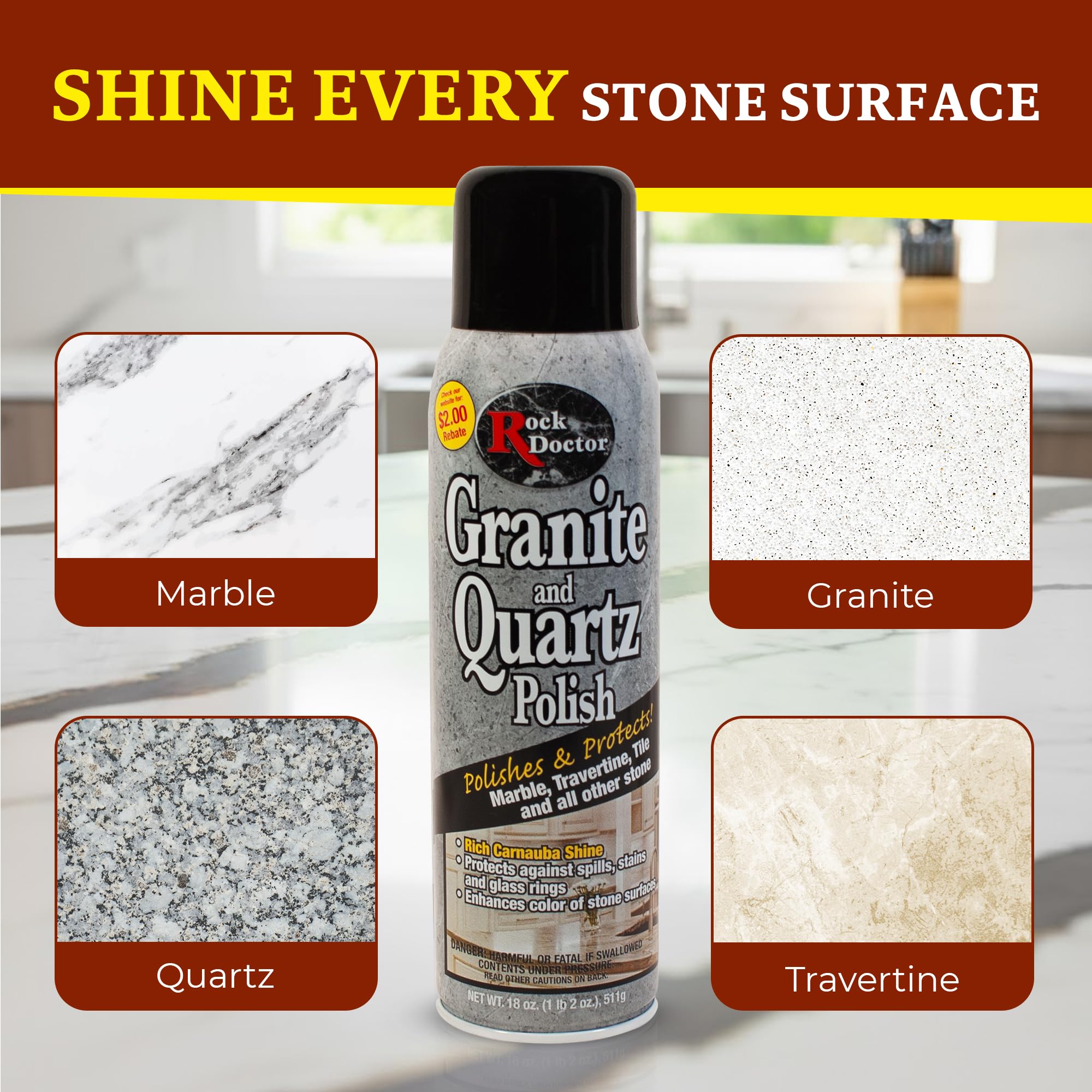 Rock Doctor Granite Polish Spray and Surface,18oz.Can Polish Tile, Marble, Kitchen Countertop, and Natural Stone Surfaces, Streak-Free Shine Pack of 1