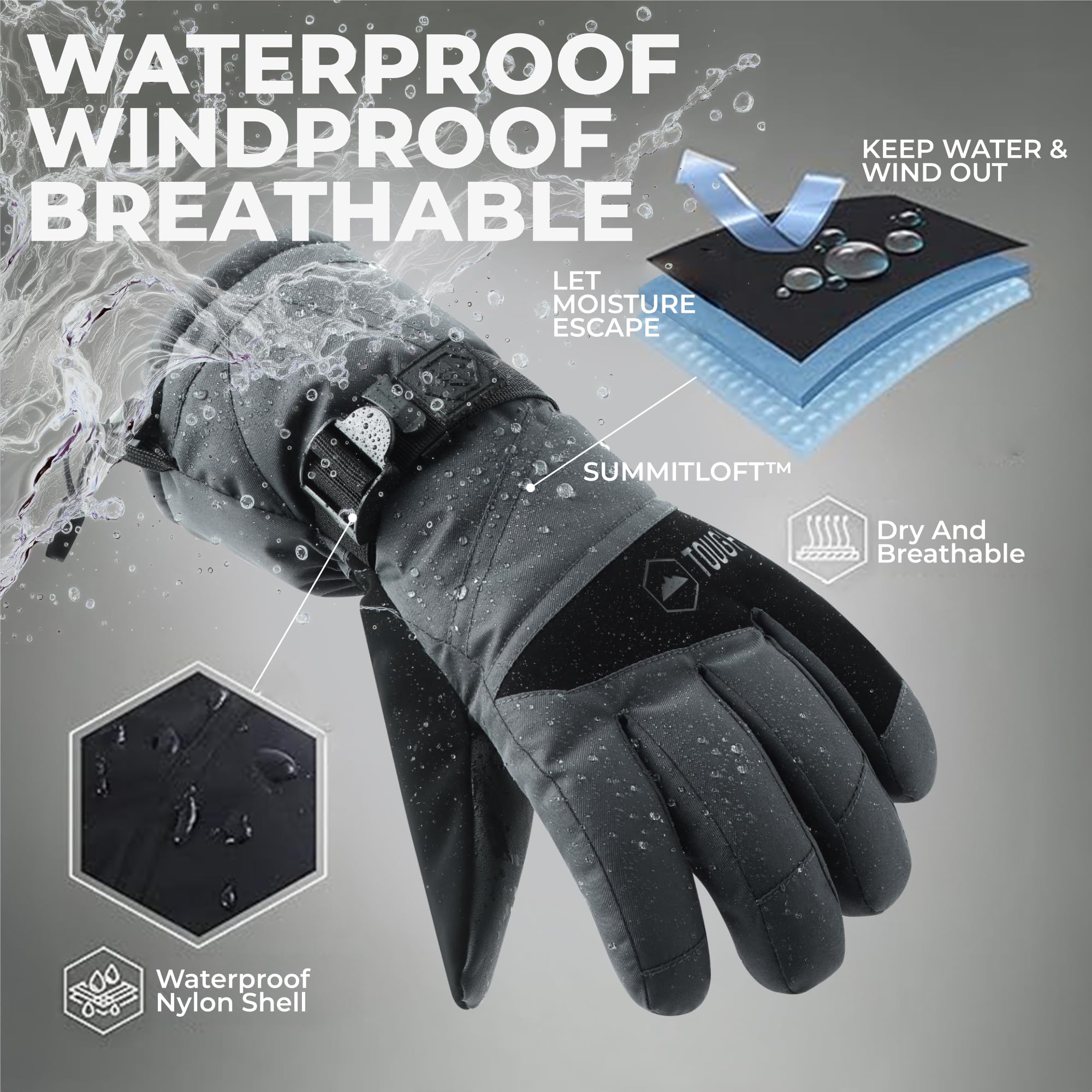 Tough Outdoors Waterproof Gloves Women - Ski Gloves Men - Warm for Winter Cold Weather Snow & Snowboarding - Men's Women's