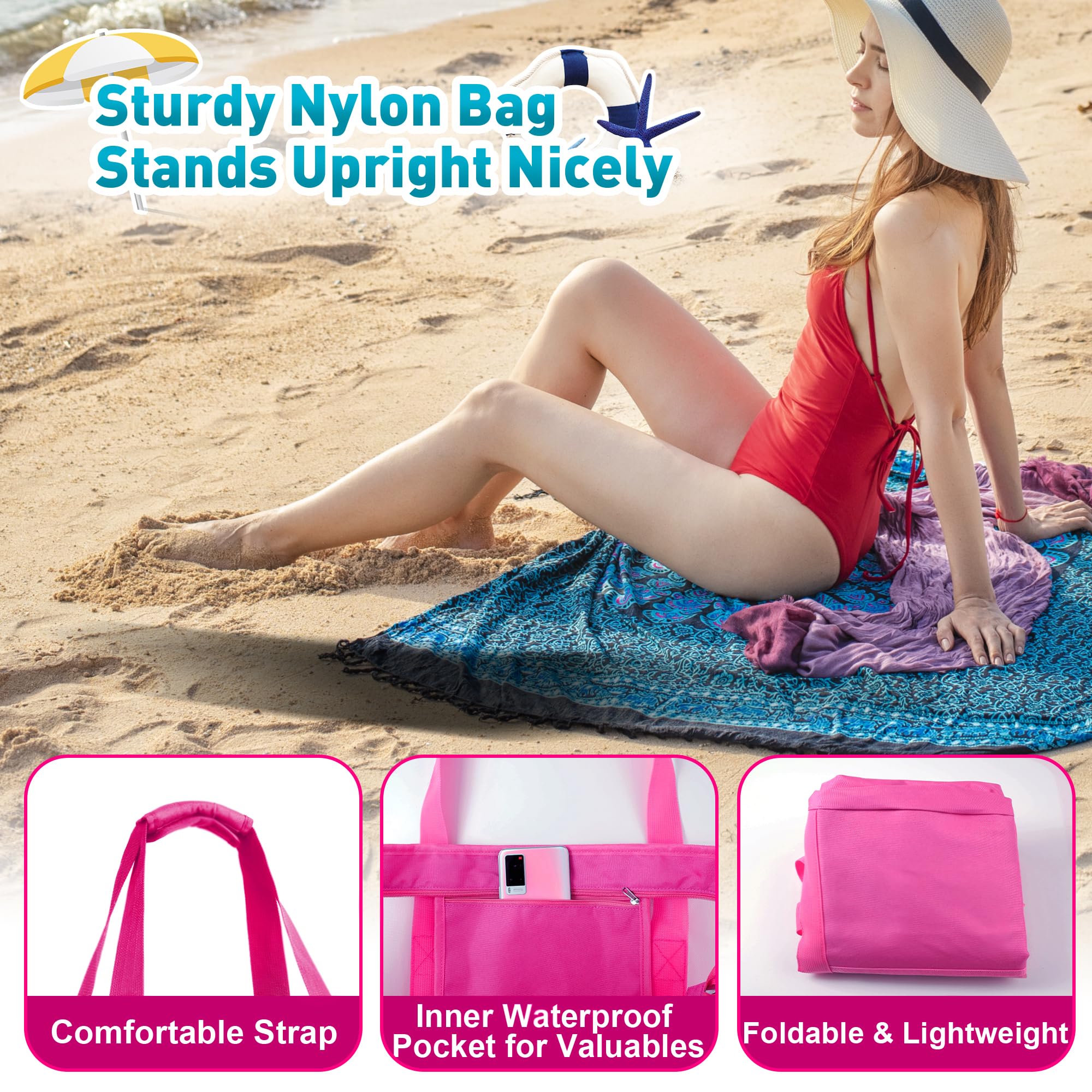 Mesh Beach Bag - Large Waterproof Beach Tote Bag with Zipper, Oversized Foldable Lightweight Family Swim Bag Vacation