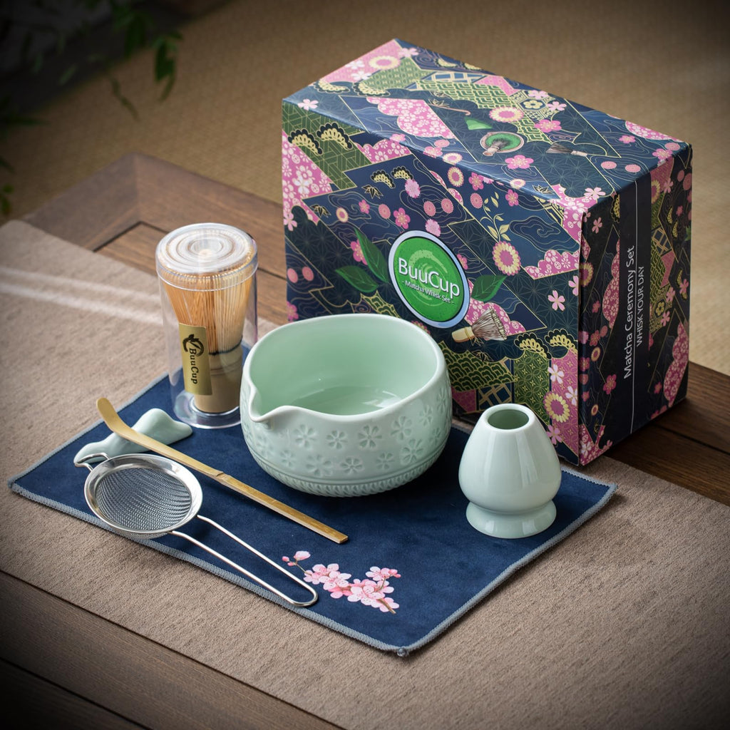 Buucup Matcha Whisk Set, Ceramic Matcha Kit Includes Matcha Bowl, Matcha Whisk and Holder, Bamboo Scoop, Scoop Rest, Sifter and Tea Towel - 7 Pcs Matcha Kit for Matcha Lovers (Blue)
