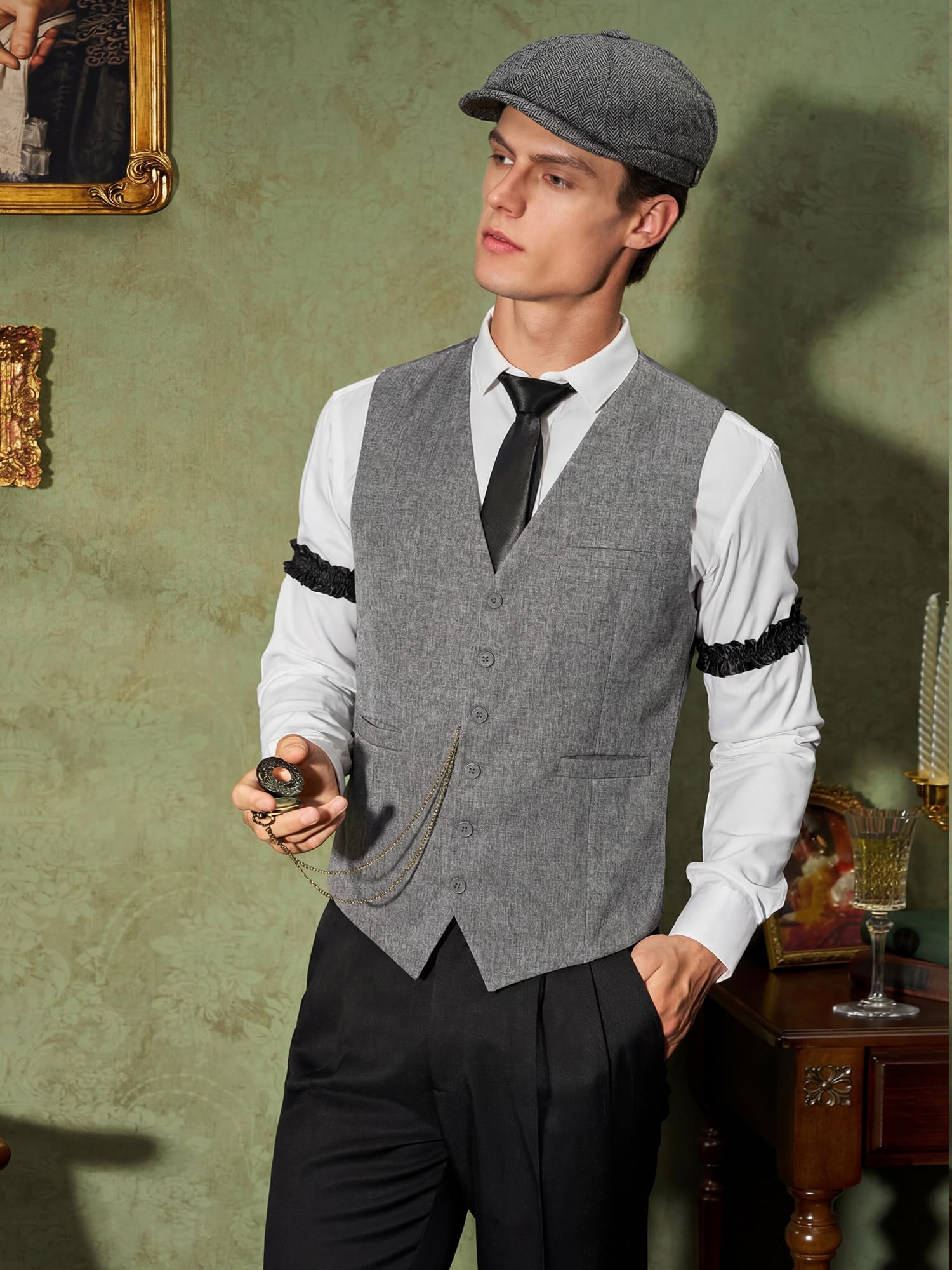 YESSA 1920s Mens Costume,Roaring 20s Costumes for Men,Gatsby Costume Men,1920s Mens Outfit Hat Vest Pocket Watch Tie