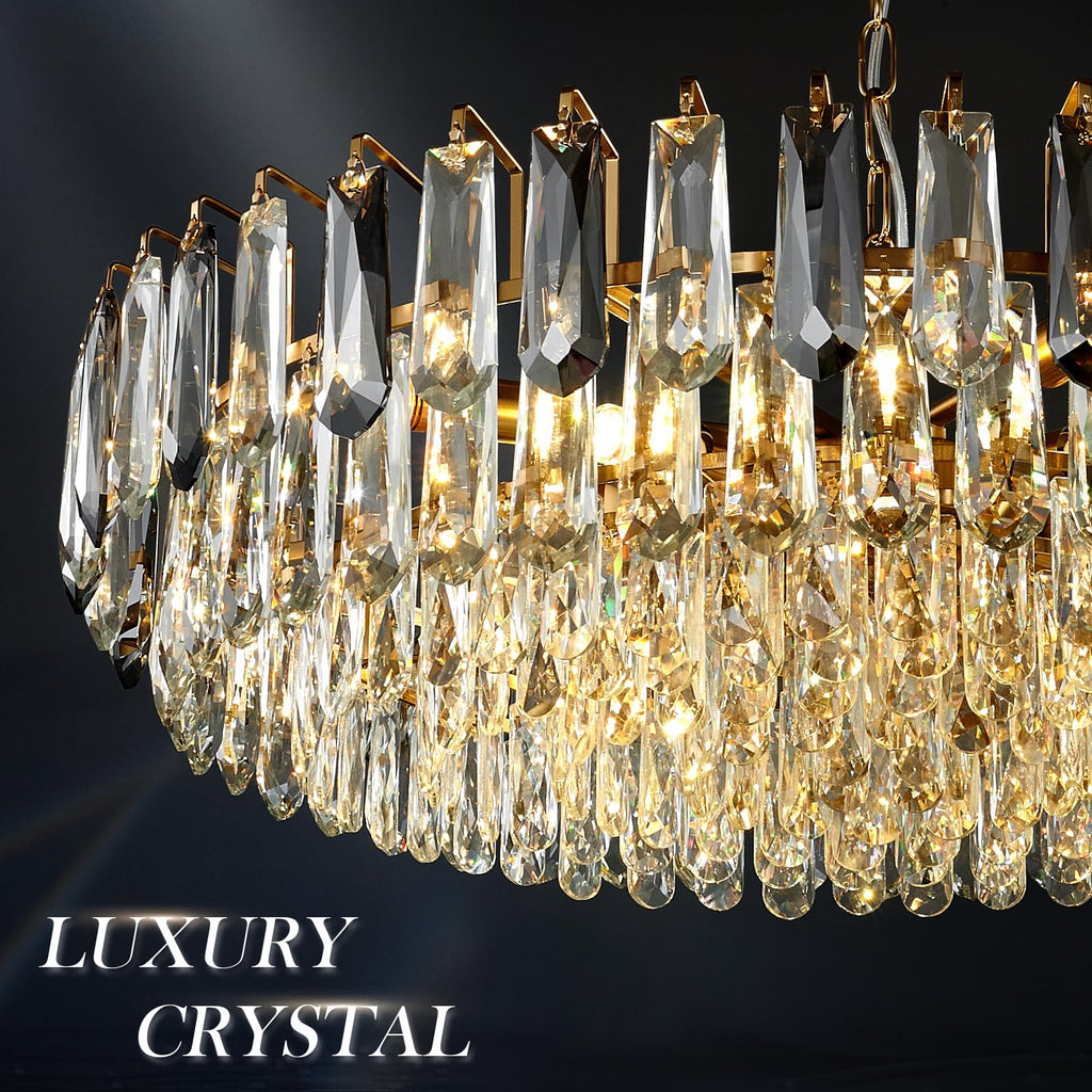 23.6" Modern Crystal Chandelier with Grey Crystal Gold 3-Tier Luxury Pendant Light 12-Light Ceiling Pendant Lighting for Dinning Room Living Room Foyer