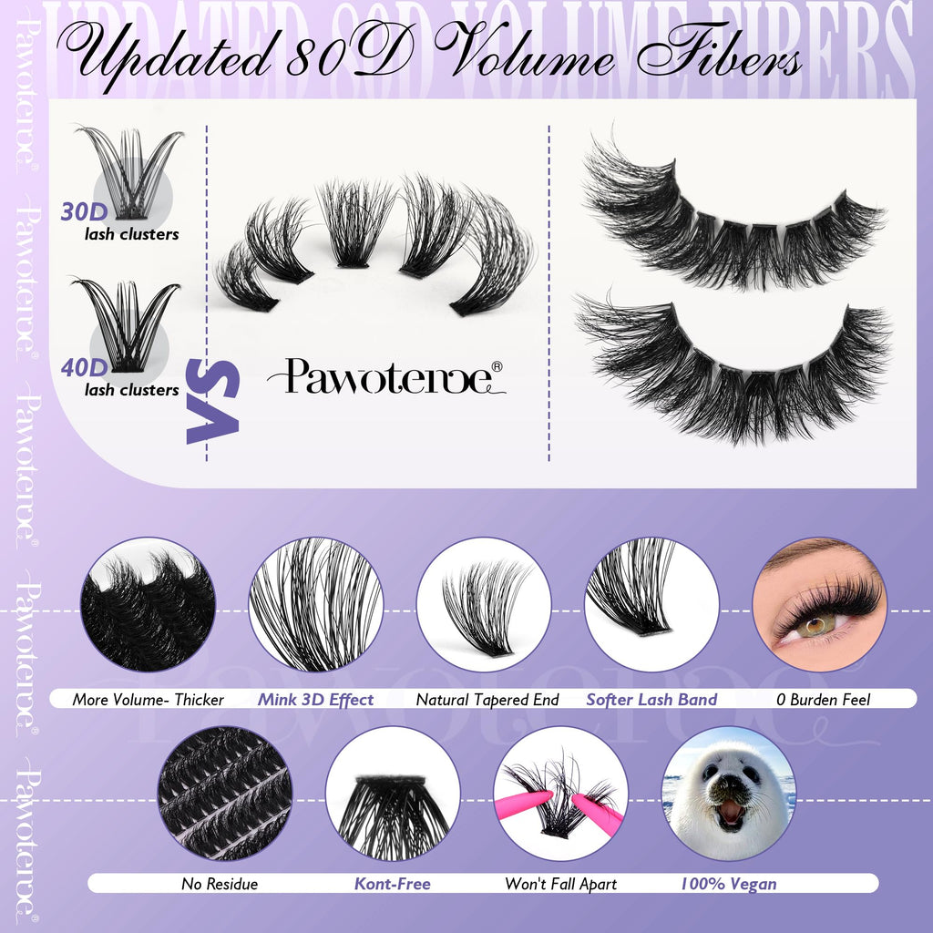 Pawotence Lash Extension Kit DIY 280pcs Individual Lash Clusters Kit 20D&30D Natural 9-15mm Cluster Eyelash Extensions Kit with Lash Bond and Seal, Tweezers for Self Use (20D&30D, 0.07D, 9-15mm, Kit)