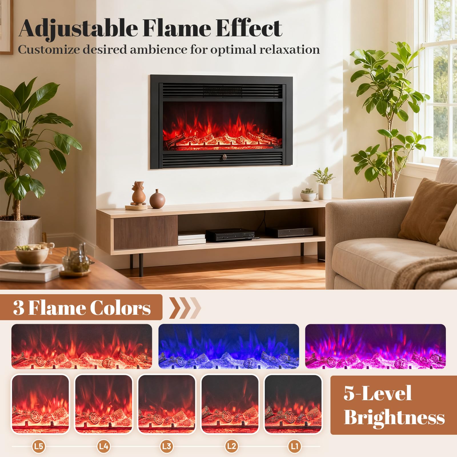 Giantex 18" Electric Fireplace Insert Heater, Wall Recessed/Mounted Fire Places Electric Fireplace with Remote, 2 Modes Heat, 9H Timer, 5 Brightness, 750/1500W Freestanding Fireplace