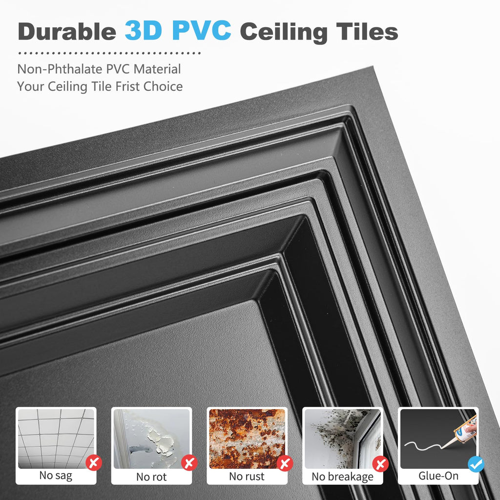 Art3d Drop Ceiling Tiles 24x24in. (12-Pack, 48 Sq.ft), Wainscoting Panels Glue Up 2ft x 2ft for Interior Décor in Living Room, Bedroom & Office, Star Black