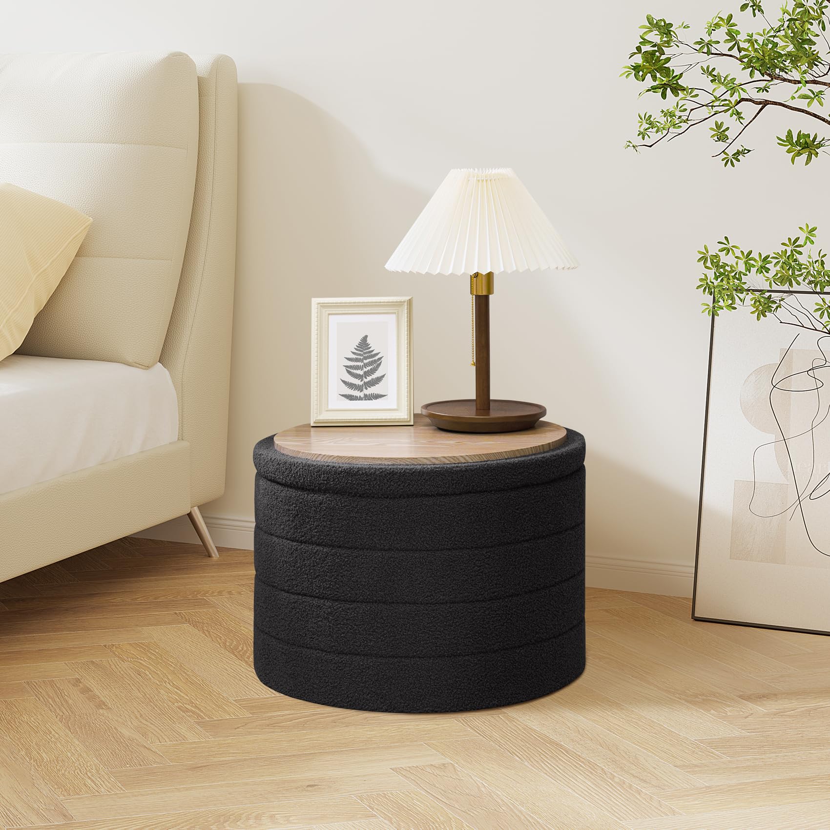 PINPLUS Round Storage Ottoman Foot Rest Stool with Tray Velvet Sherpa Folding Storage Ottoman,Boucle Foot Rest for Living Room, Bedroom, Dorm（Beige）