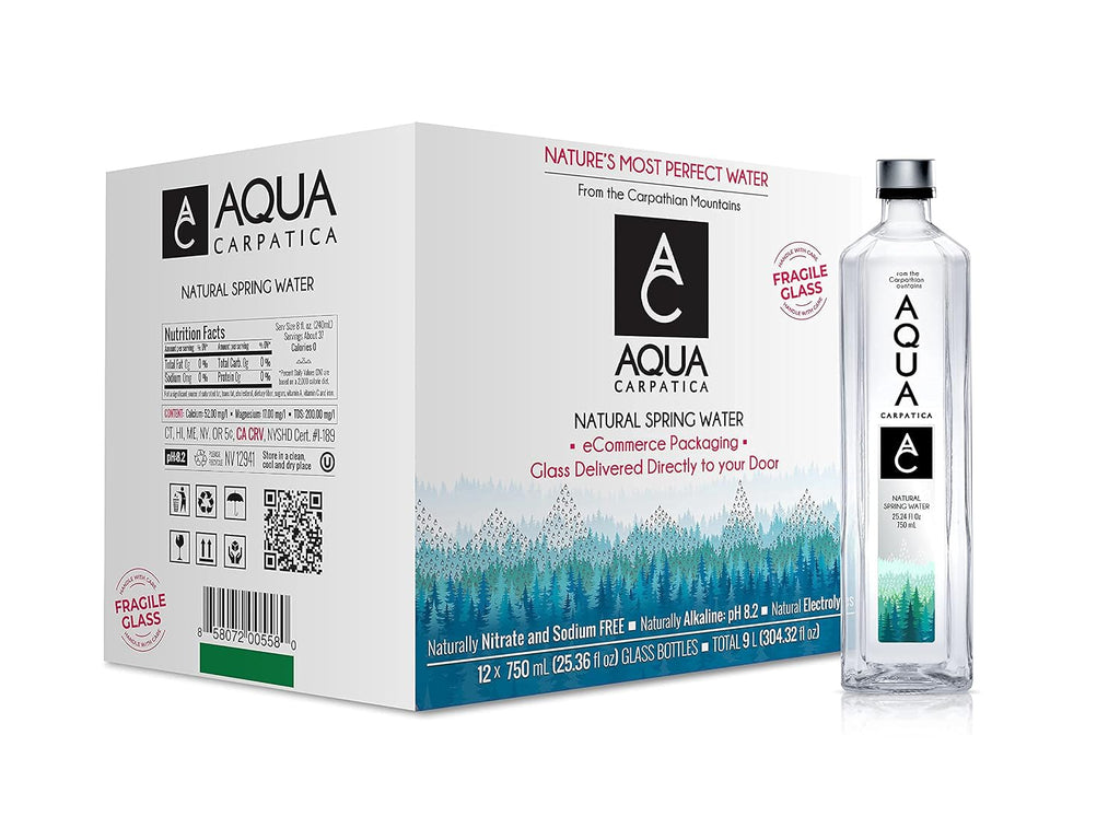 AQUA Carpatica Natural Spring Water with Electrolytes, Artesian Glass Bottled Water, 750 ml / 25.36 oz. (12 Pack)