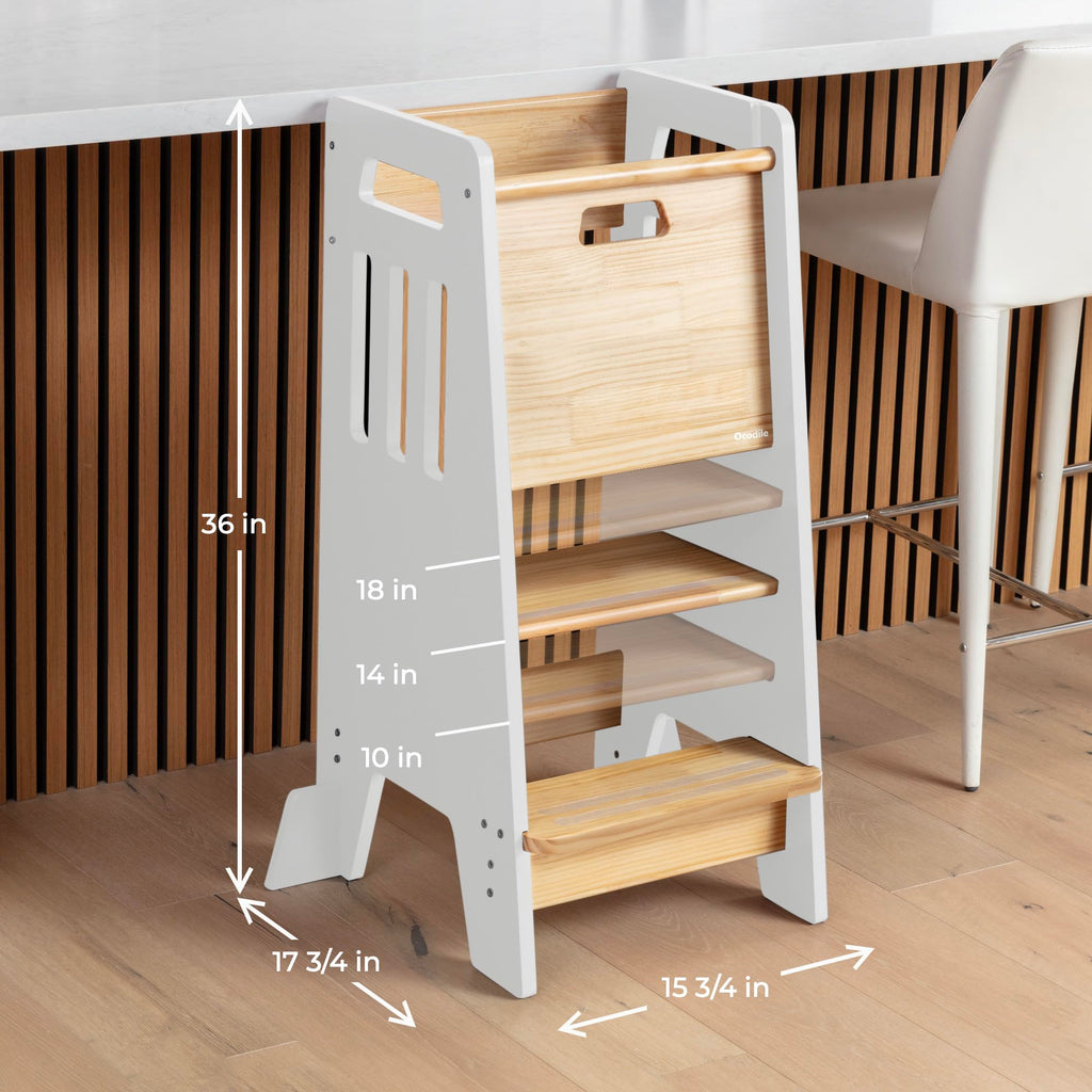 OCODILE Toddler Tower with a Sliding Door and 3 Adjustable Heights - Safe Toddler Kitchen Step Helper with Support Feet - Updated Design for 18+ Months to 6-Year-Old Kids - Gray