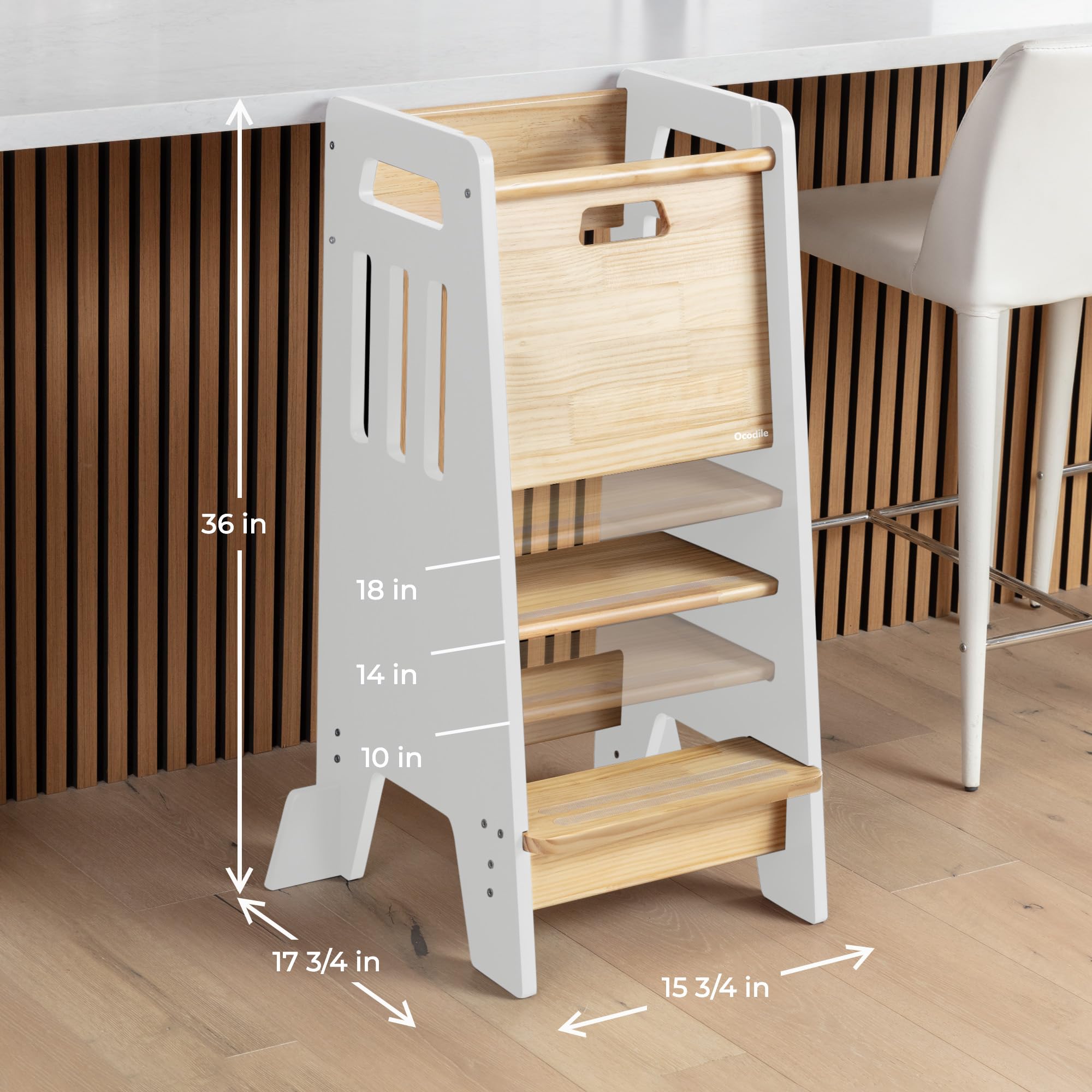 OCODILE Toddler Tower with a Sliding Door and 3 Adjustable Heights - Safe Toddler Kitchen Step Helper with Support Feet - Updated Design for 18+ Months to 6-Year-Old Kids - Gray