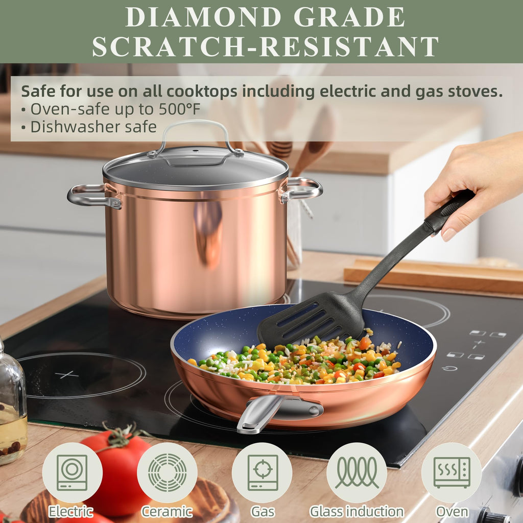 Nuwave Healthy Duralon Blue Ceramic Nonstick Cookware Set, Diamond Infused Scratch-Resistant, PFAS Free, Dishwasher & Oven Safe, Induction Ready & Evenly Heats, Tempered Glass Lids & Stay-Cool Handles