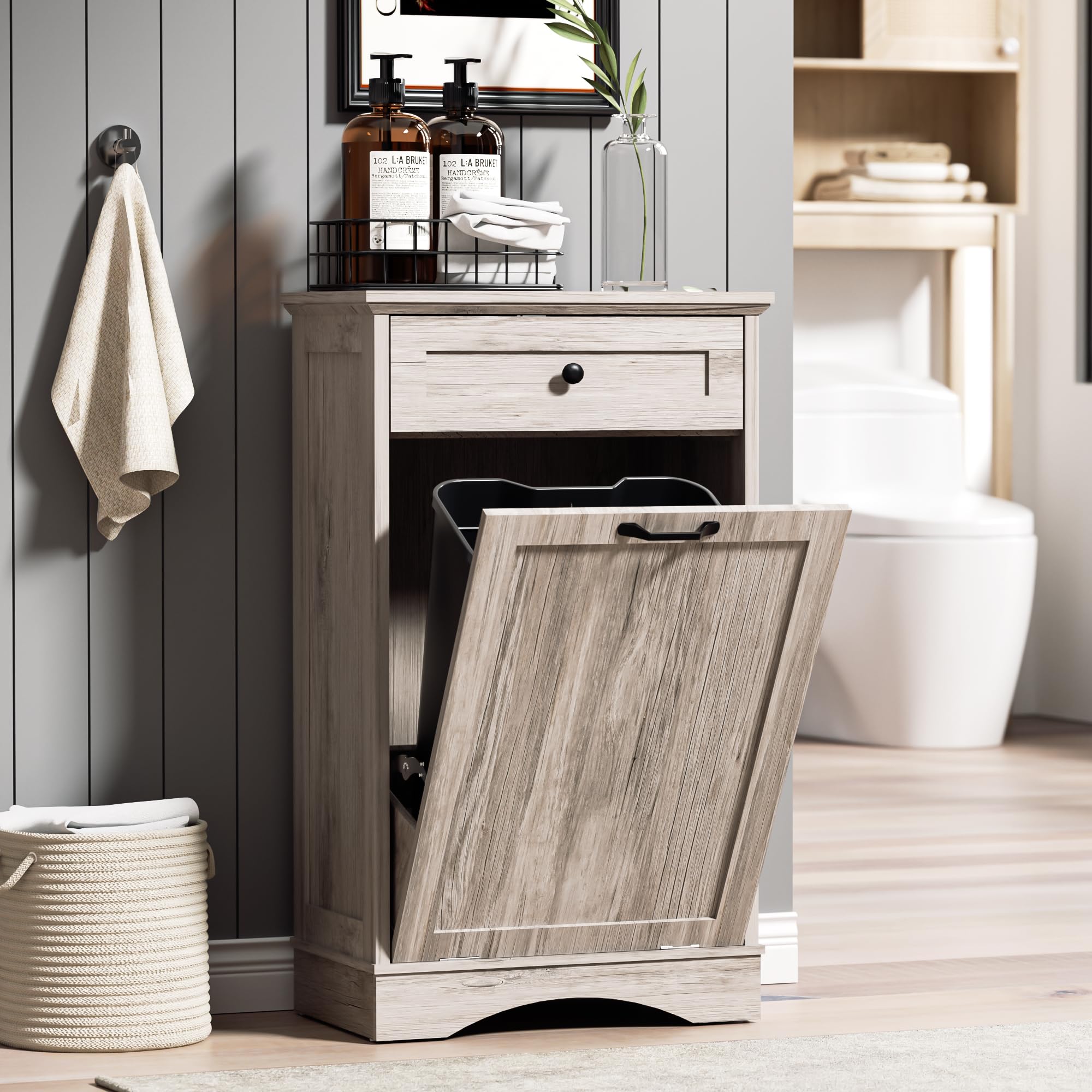 AHB Double Tilt Out Trash Can Cabinet Freestanding Kitchen Trash Can, 2x13 Gallons Hidden Garbage Recycling Cabinet with Hideaway Drawers Pet Proof Trash Can Holder for Kitchen, Antique White
