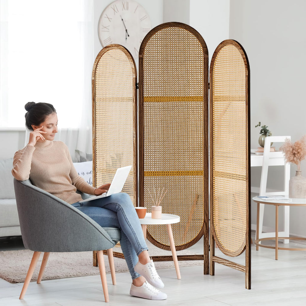 Hand-Woven Rattan Room Divider 3 Panels, 5.9 Ft Tall Wood Room Divider Panel, Partition Screen Divider Wall, Folding Privacy Screen, Wall Divider for Room Separation Home Office - Black