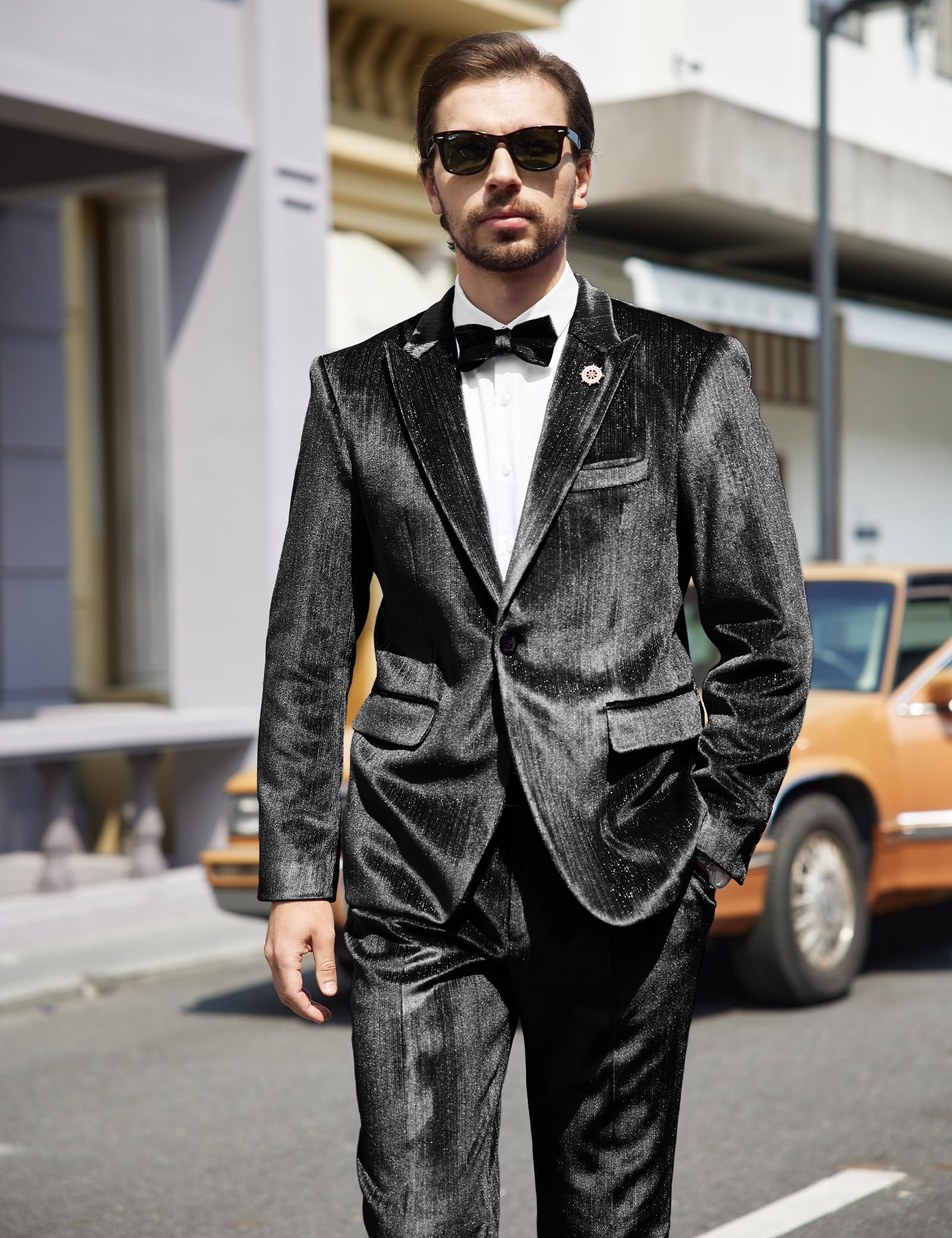 MAGE MALE Mens Suits Velvet Tuxedo Suit Set Slim Fit 2 Piece Luxurious Party Dinner Jacket Pants with Bow Tie