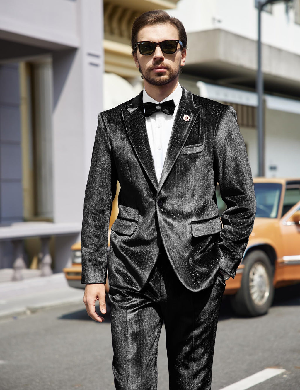 MAGE MALE Mens Suits Velvet Tuxedo Suit Set Slim Fit 2 Piece Luxurious Party Dinner Jacket Pants with Bow Tie