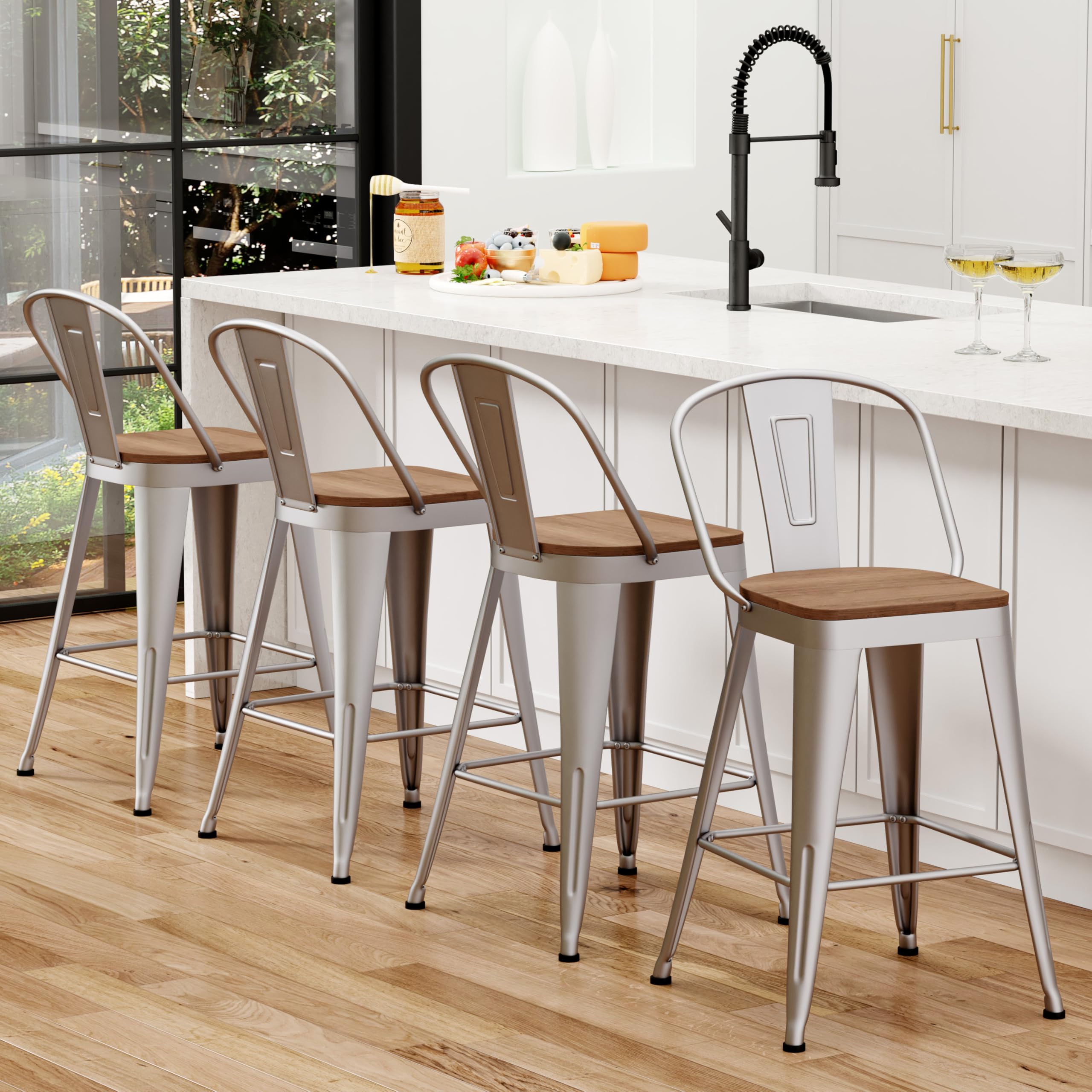 Barstools Set of 4 Counter Height Bar Stools for Kitchen Island Farmhouse Metal High Back Bar Chairs Wooden Seat 24" Matte Black