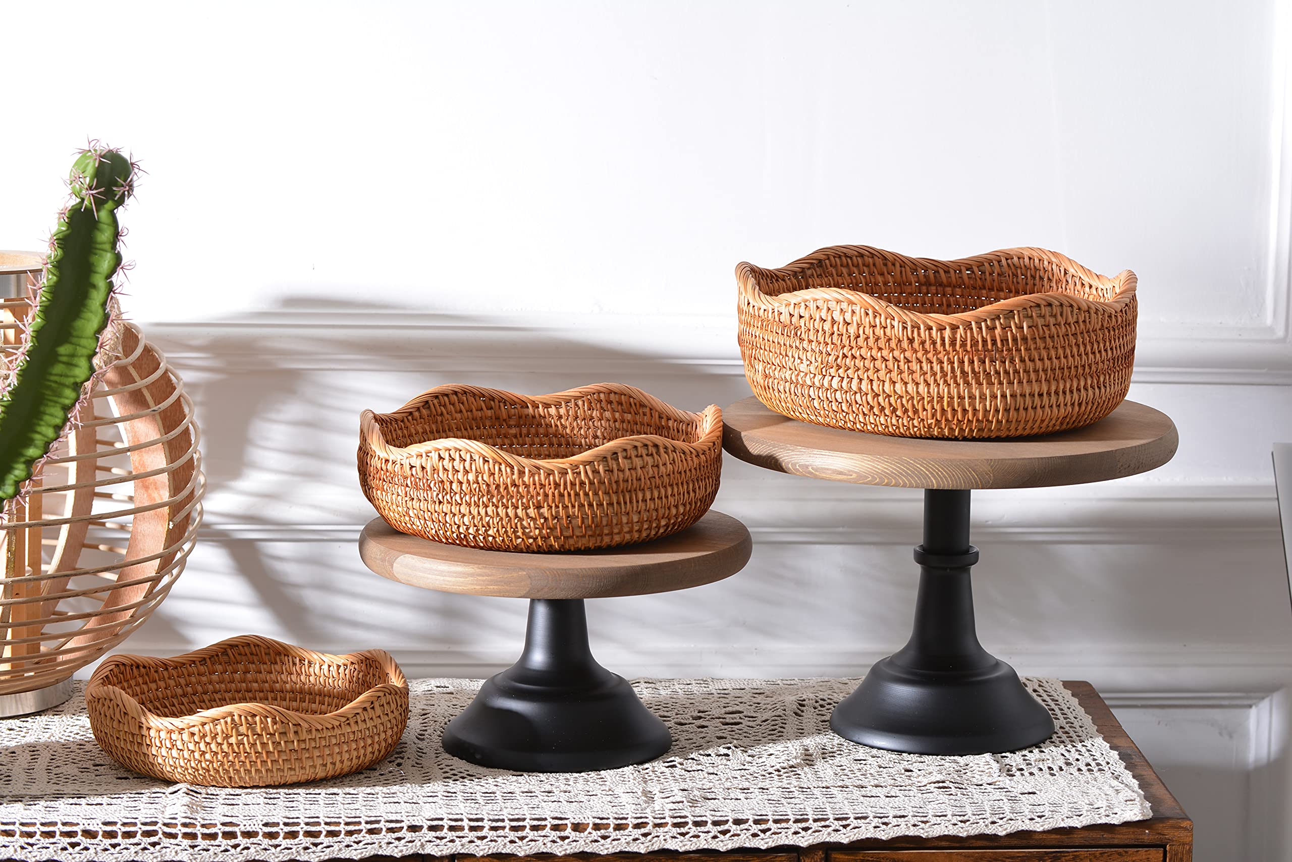Natural Rattan Fruit Storage Baskets Rectangular Woven Wicker Box for Key Holder Remote Stackable Natural Set of 3