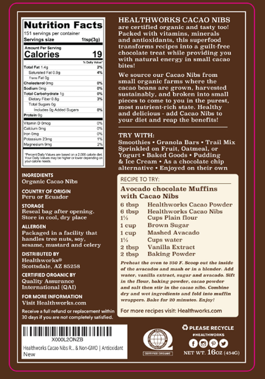 Healthworks Superfoods Cacao Nibs Organic - 16 Oz / 1 Lb - Criollo Bean - Raw Unsweetened Chocolate Substitute - Certified Organic - Keto, Vegan & Non-GMO - Antioxidant