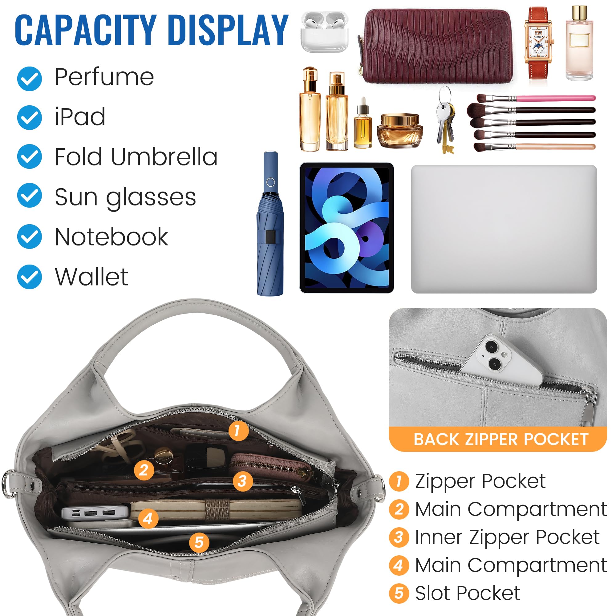 KOGTLA Medium Vegan Leather Purses for Women with Detachable Satchel Strap, Ladies Handbags, Tote Hobo Bags with Two-Handle