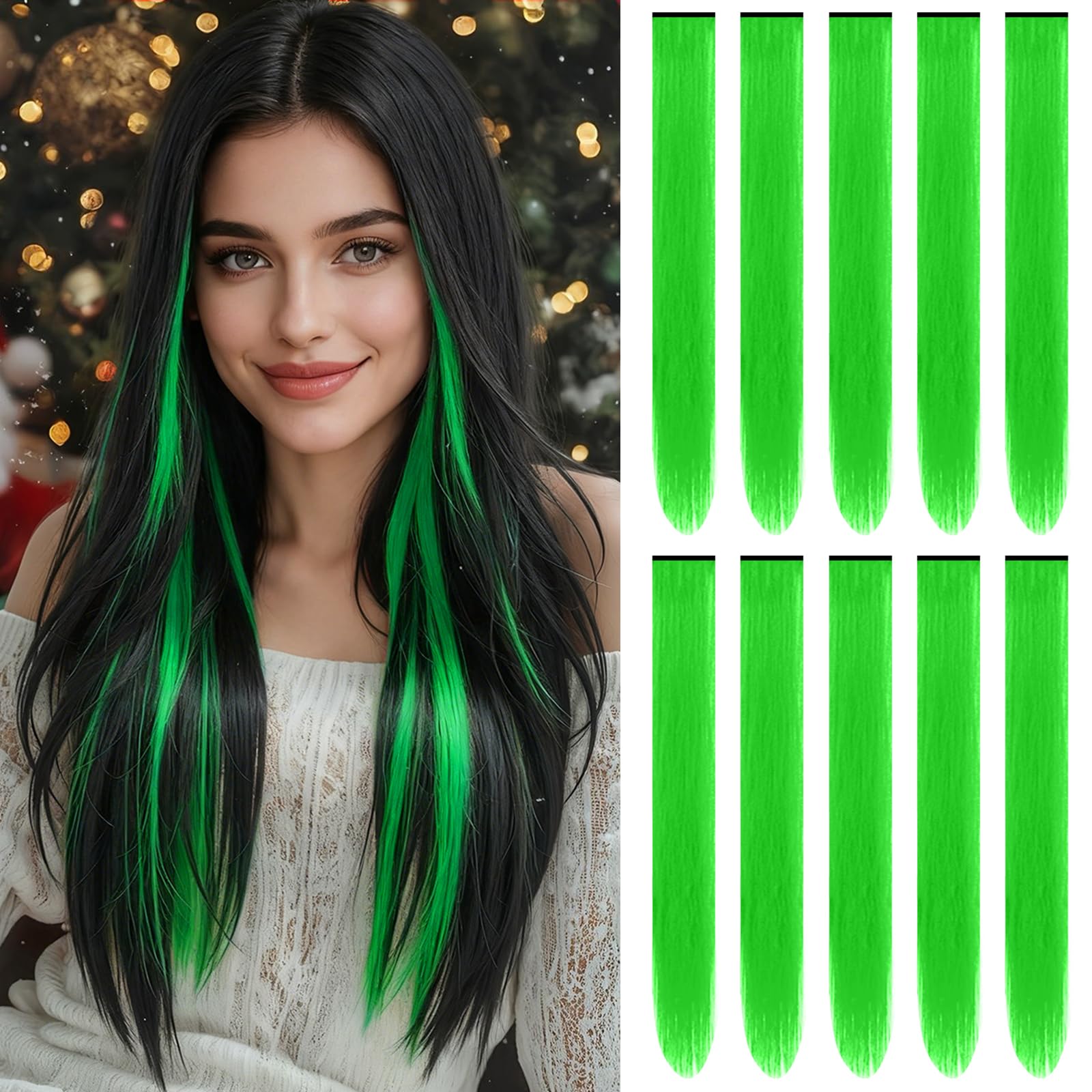 22 inch Colored Hair Extensions,Colorful Clip in Long Straight Synthetic Hair Extensions,Color Party Highlights Hairpieces for Women Girls Cosplay Styling(10 PCS Black)