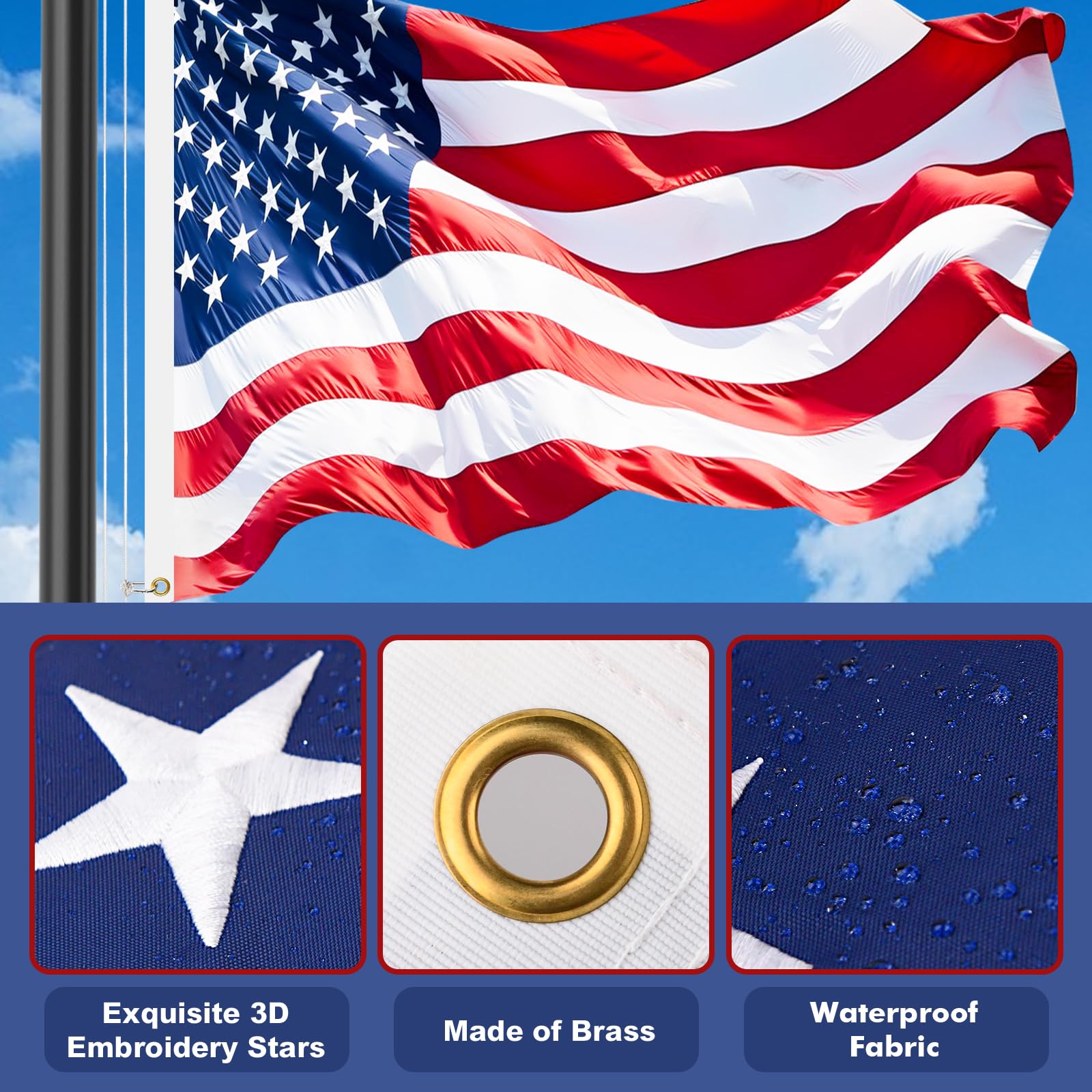 Upgraded 10 Gauge 20FT Heavy Duty Flag Pole Kit with 136 LED Solar Light, Extra Thick Flagpole for Outside House in Ground, Bottom 3 mm Thick & Width 3.35 in, 120MPH Wind Rated