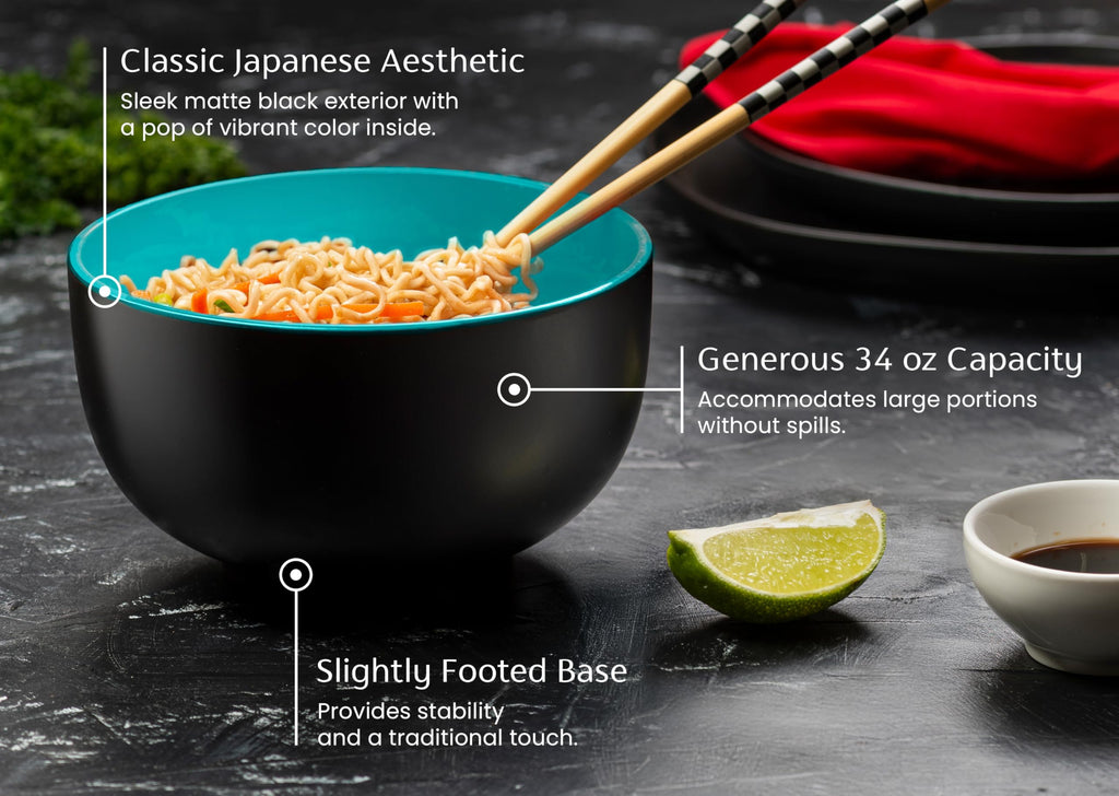 KooK Ramen Bowl, Japanese Bowls, Noodle Bowls, Large Soup Bowl, Ceramic, Large Capacity, For Ramen, Pho, Udon, Soba, Microwave and Dishwasher Safe, 34 oz, Set of 4 (Black/Navy)