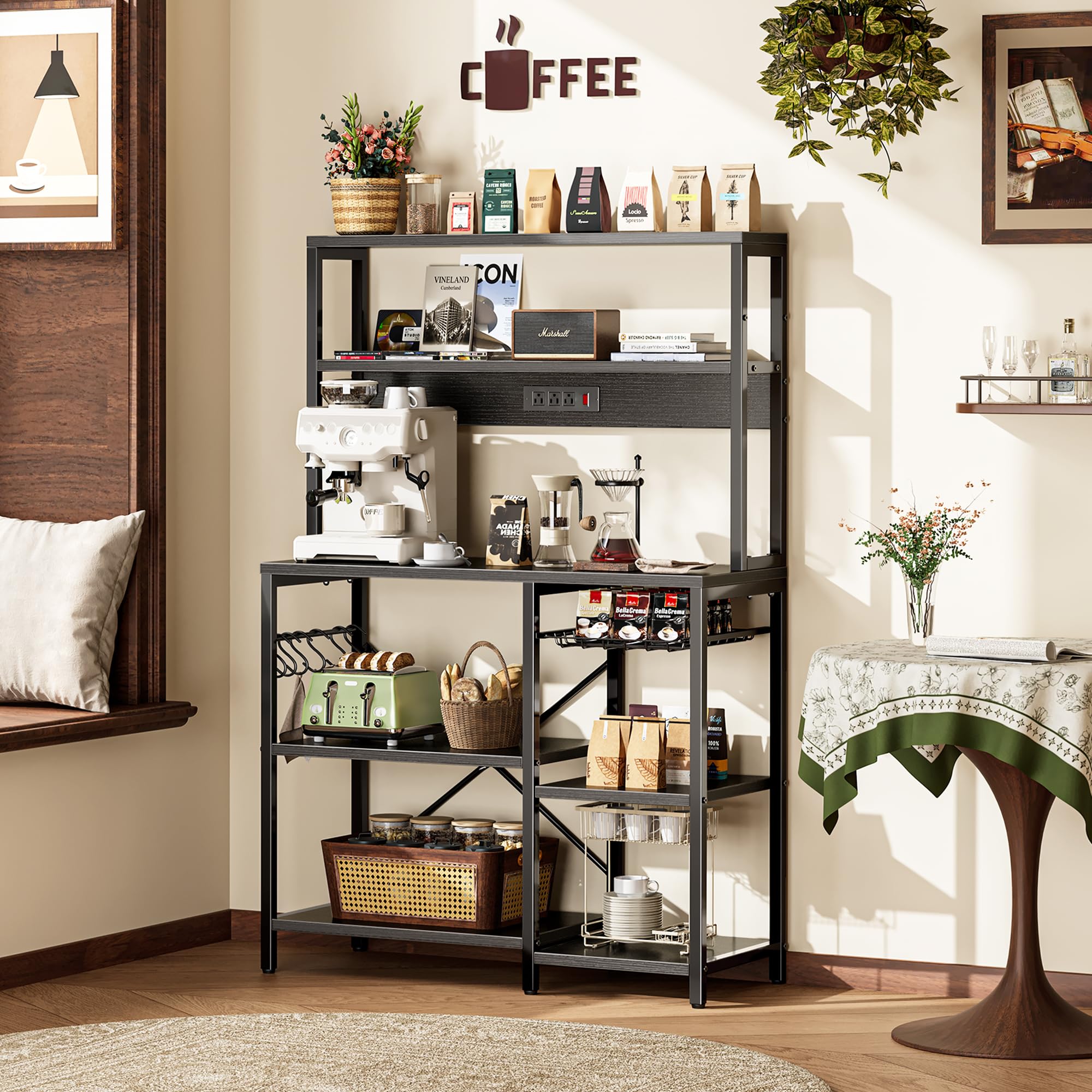 SUPERJARE Bakers Rack with Power Outlet, 35.4 Inches Coffee Bar with Wire Basket, Kitchen Microwave Stand with 6 S-Shaped Hooks, Open Storage Shelves, Black