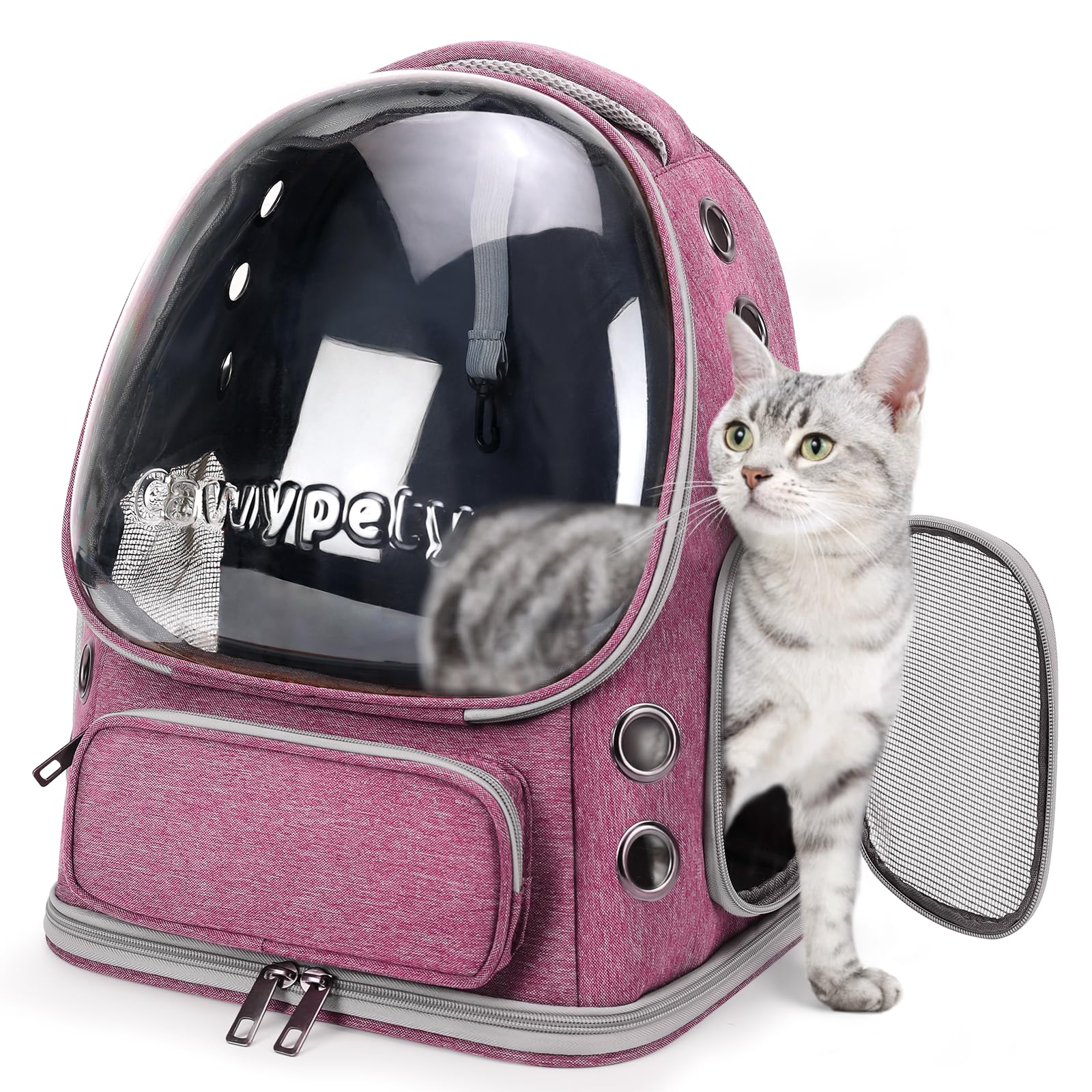 Cawypety Cat Backpack Carrier, Breathable Cat Carrier Large Space Bubble Pet Backpack for Kitty Small Dog up to 12lbs, Transparent & Foldable Pet Carrier for Travel Hiking (Black