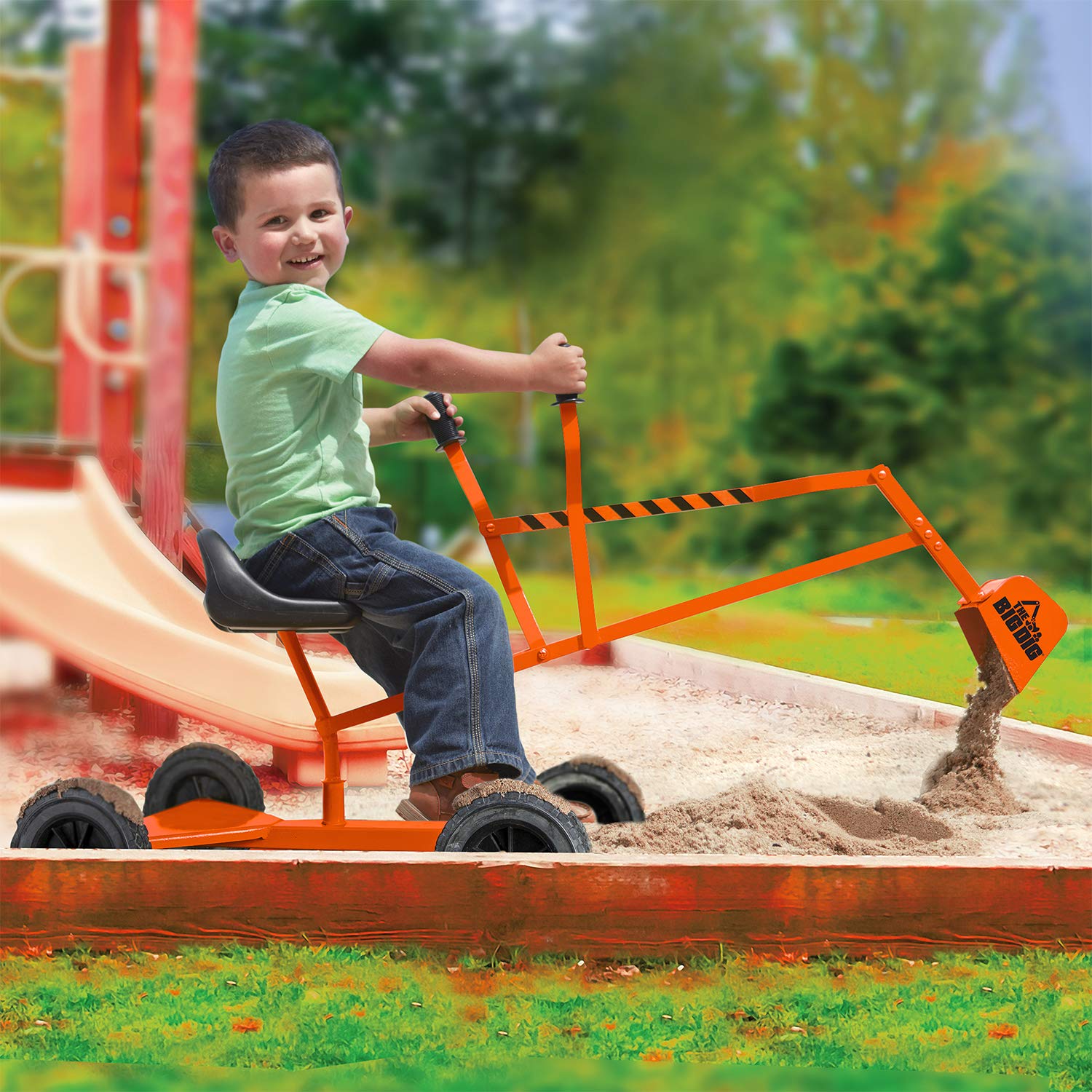 Big Dig Toy Excavator Ride, Sand Digger w/ 360 Rotation Base for Kids Ages 3 & Up, Yellow - Outdoor Playground and Beach Construction Riding Toys for Children