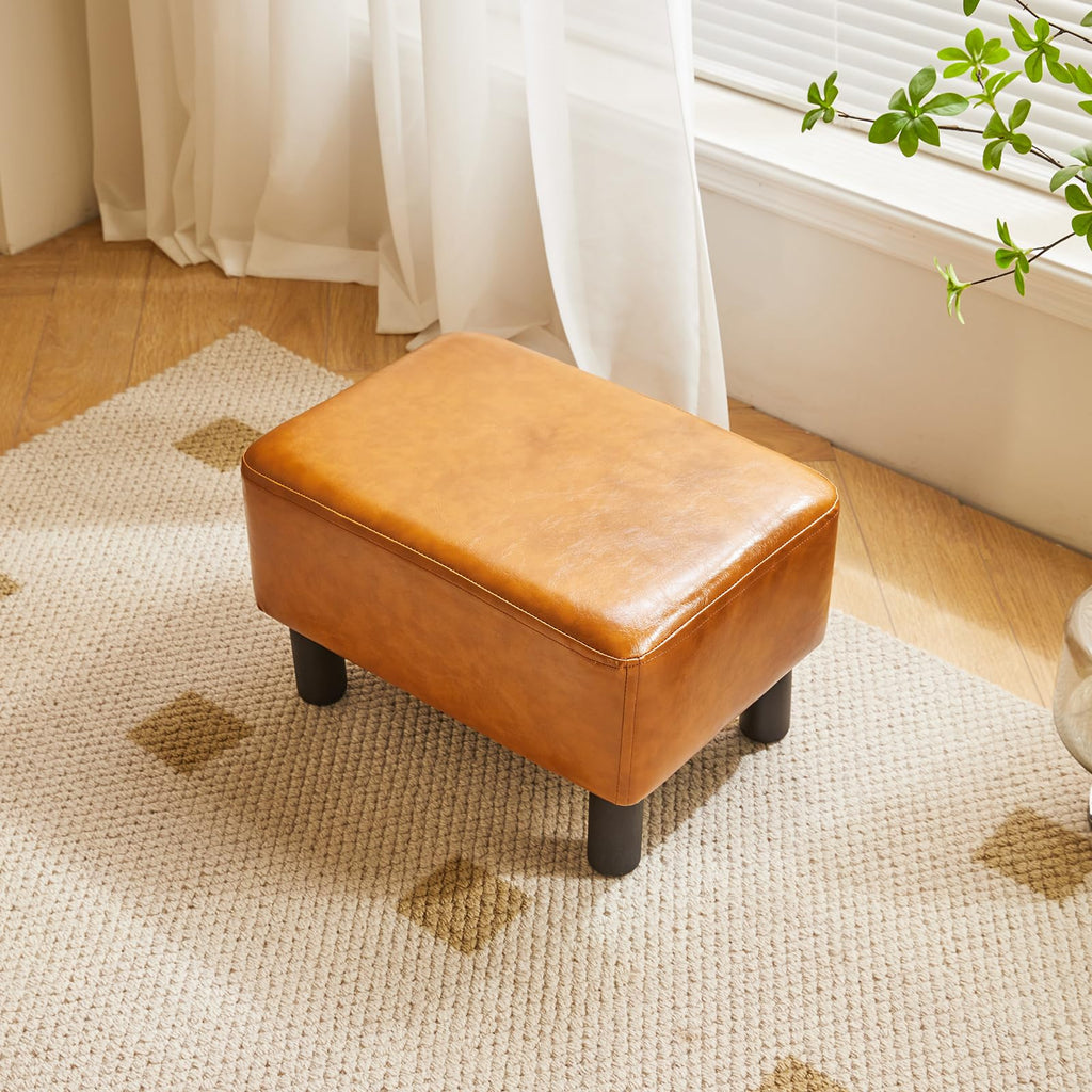 IBUYKE 16.54" Small Footstool, PU Faux Leather Step Stool, with Padded Seat Pine Wood Legs and Padded Rectangular Stool, for Bedroom, Black RF-BD210