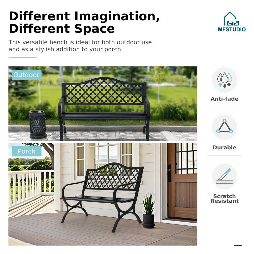MFSTUDIO 50 Inches Outdoor Garden Bench, Cast Iron Metal Frame Patio Park Bench with Floral Pattern Backrest, Arch Legs for Porch Lawn Garden Yard(Black)