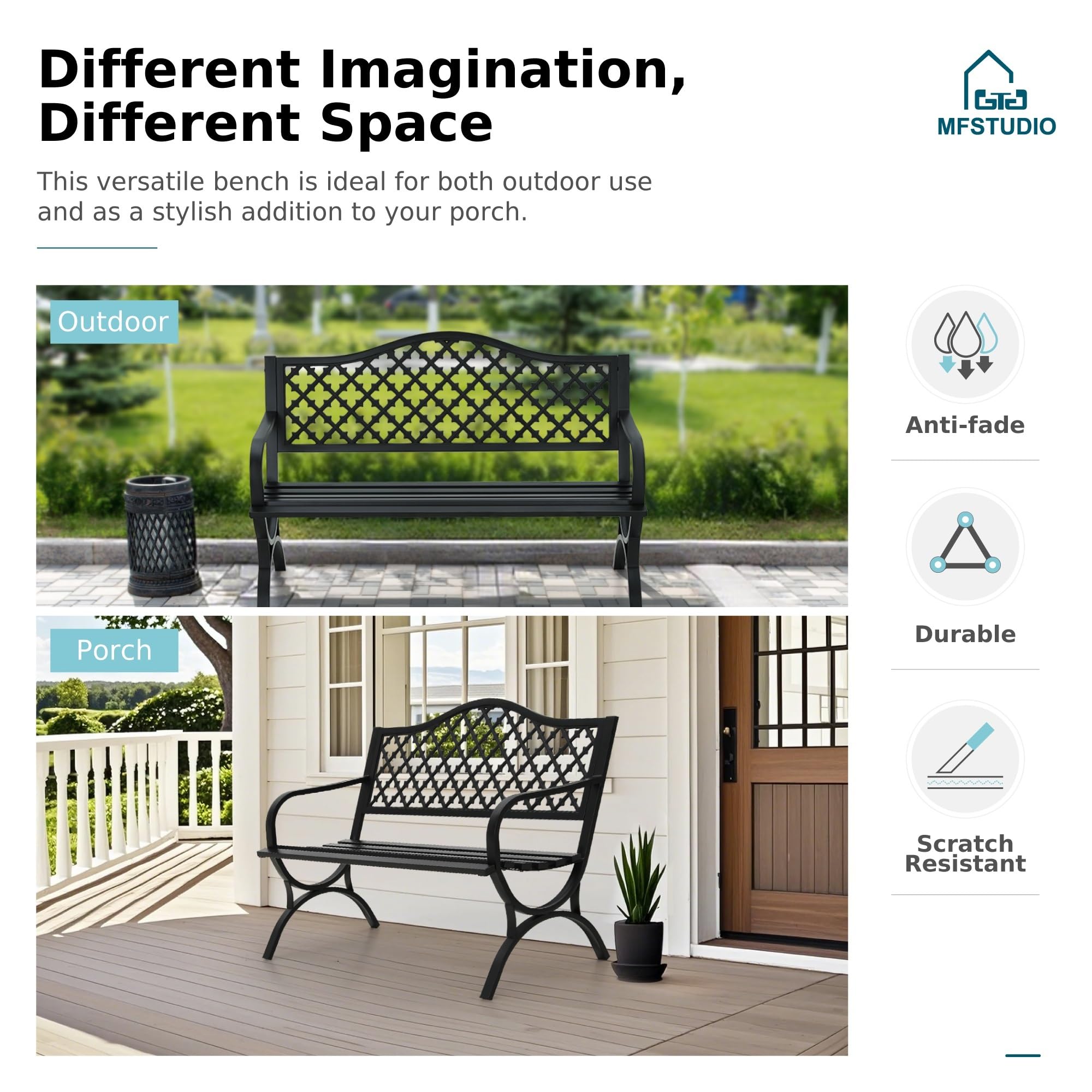 MFSTUDIO 50 Inches Outdoor Garden Bench, Cast Iron Metal Frame Patio Park Bench with Floral Pattern Backrest, Arch Legs for Porch Lawn Garden Yard(Black)