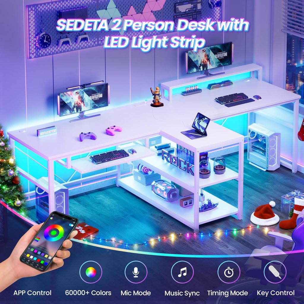 SEDETA 94.5" Office Computer Desk, 2 Person Gaming Desk with Storage, LED Lights, Keyboard Tray, Power Strip with USB & Monitor Stand, Long Two Person Desk for Home Office, Black
