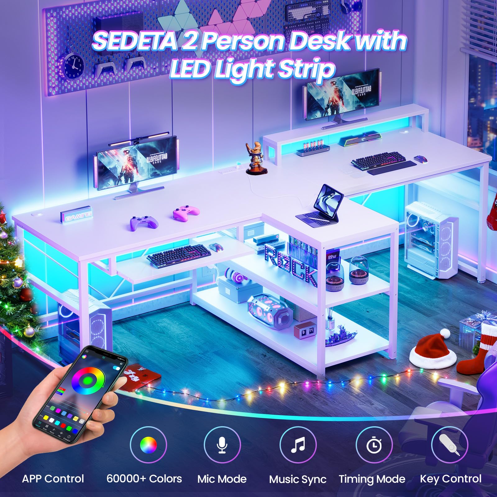 SEDETA 94.5" Office Computer Desk, 2 Person Gaming Desk with Storage, LED Lights, Keyboard Tray, Power Strip with USB & Monitor Stand, Long Two Person Desk for Home Office, Black