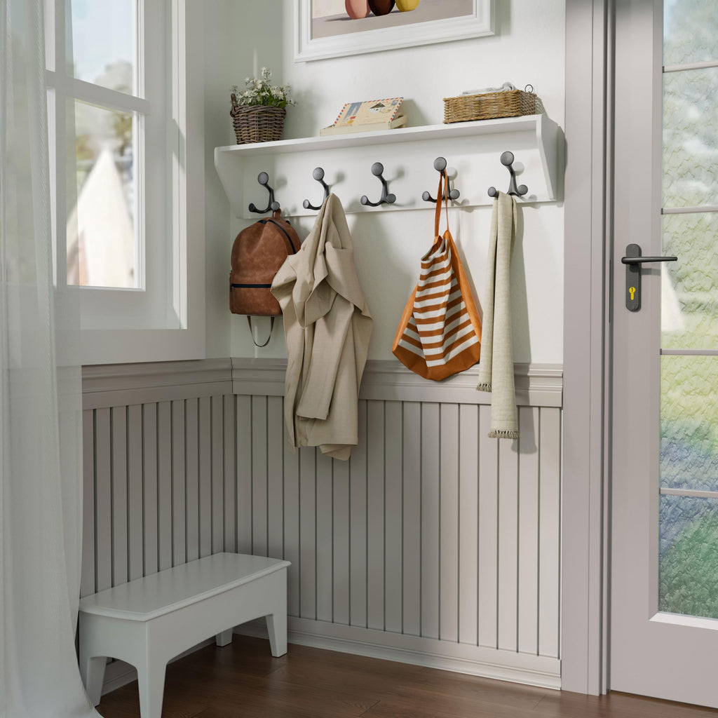 SKOLOO Wall Shelf with Hooks, 24-Inch Cherry Coat Rack Wall Mount with Shelf Organizer - Heavy Duty, 4 Tri Hooks - Perfect for Entryway, Hallway, Living Room, Bedroom, Mudroom