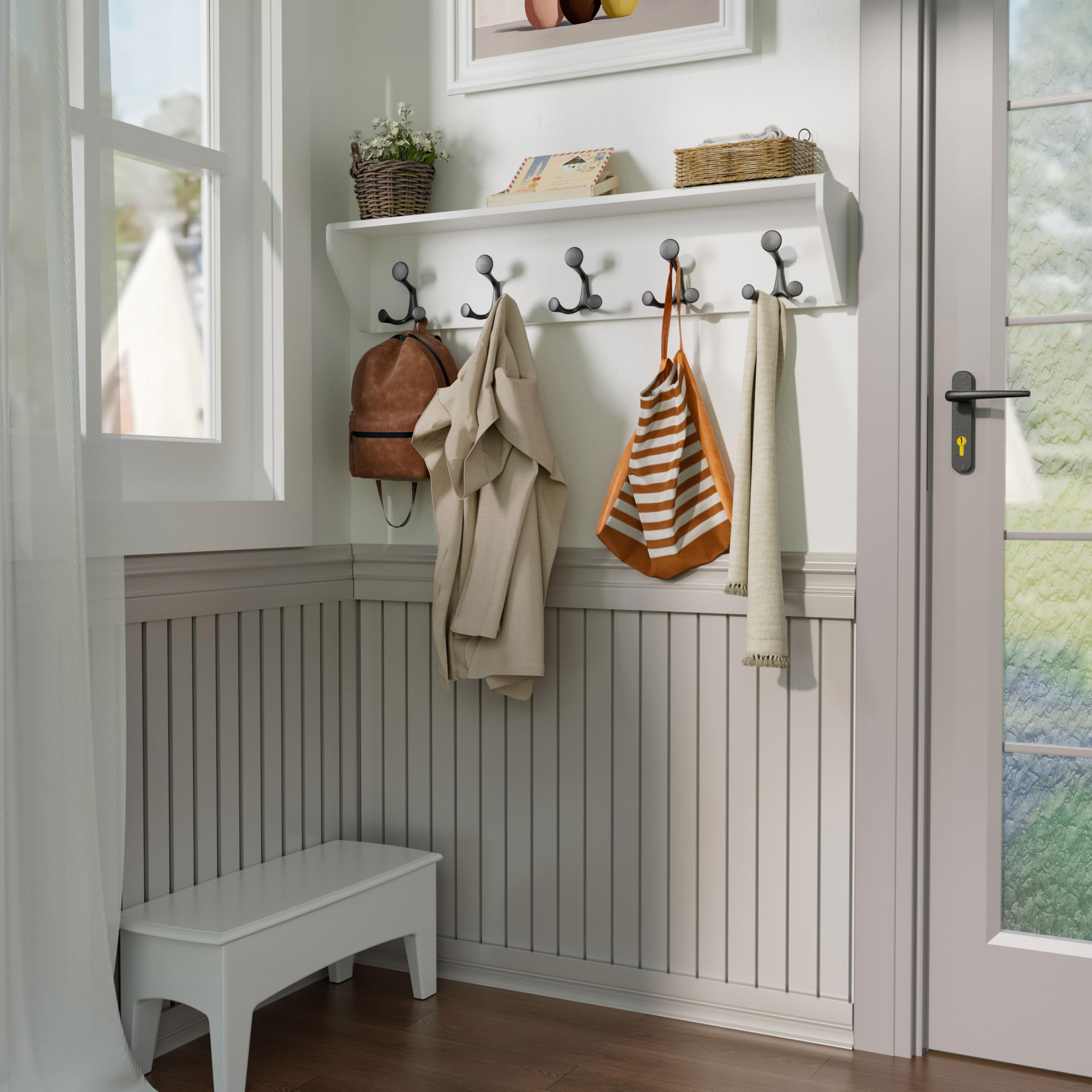 SKOLOO Wall Shelf with Hooks, 24-Inch Cherry Coat Rack Wall Mount with Shelf Organizer - Heavy Duty, 4 Tri Hooks - Perfect for Entryway, Hallway, Living Room, Bedroom, Mudroom