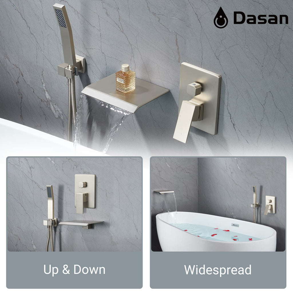 Upgraded Wall Mount Tub Filler Faucet with Handheld Shower, DASAN Modern Wall Mounted Bathtub Faucet Brushed Gold High Flow Waterfall Tub Faucet with Rough in Valve, SA-TF04WH-BG