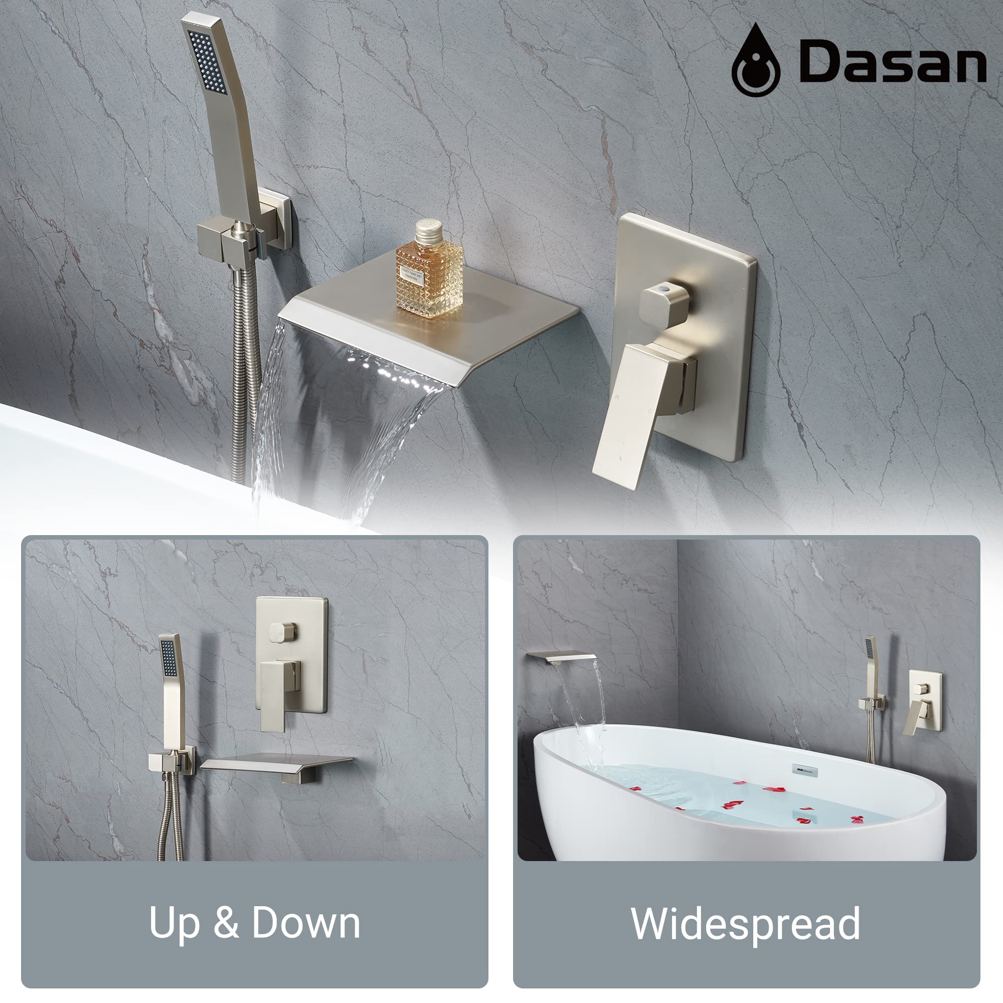 Upgraded Wall Mount Tub Filler Faucet with Handheld Shower, DASAN Modern Wall Mounted Bathtub Faucet Brushed Gold High Flow Waterfall Tub Faucet with Rough in Valve, SA-TF04WH-BG