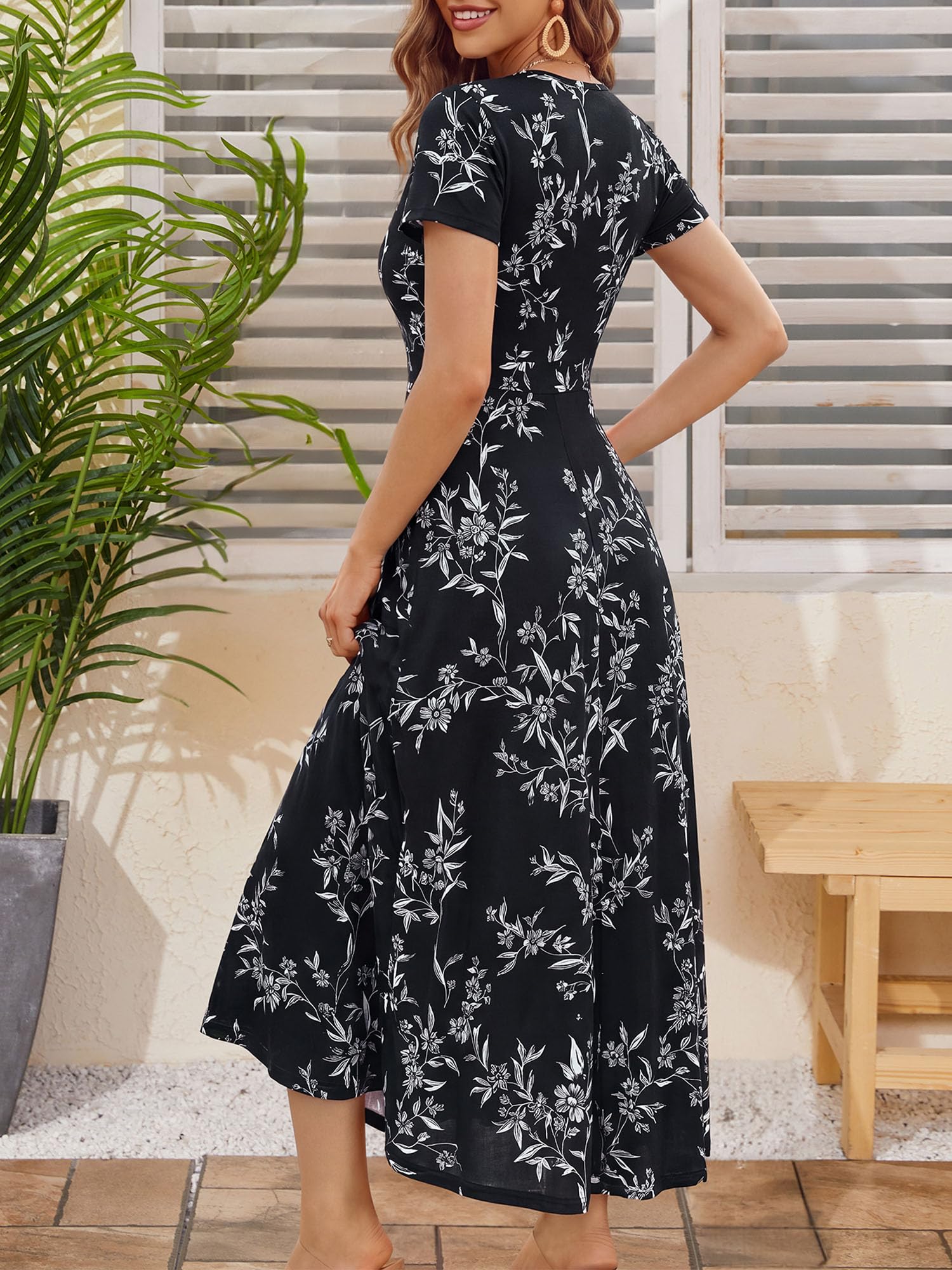 HUHOT Women's Short Sleeve Wrap V Neck Dresses for Wedding Guest Summer Floral Maxi Sundresses with Pockets Boho Dress