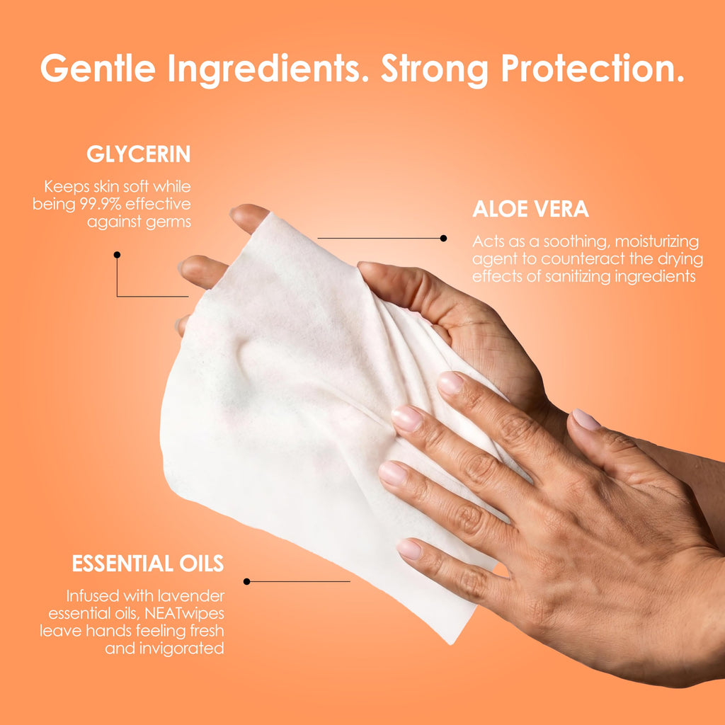 NEATwipes Hand Sanitizing Wipes | Travel Size | Disposable Wet Wipe & Biodegradable | Fresh Citrus Essential Oil | Soothing Aloe Vera | 24 Individually Wrapped Wipes