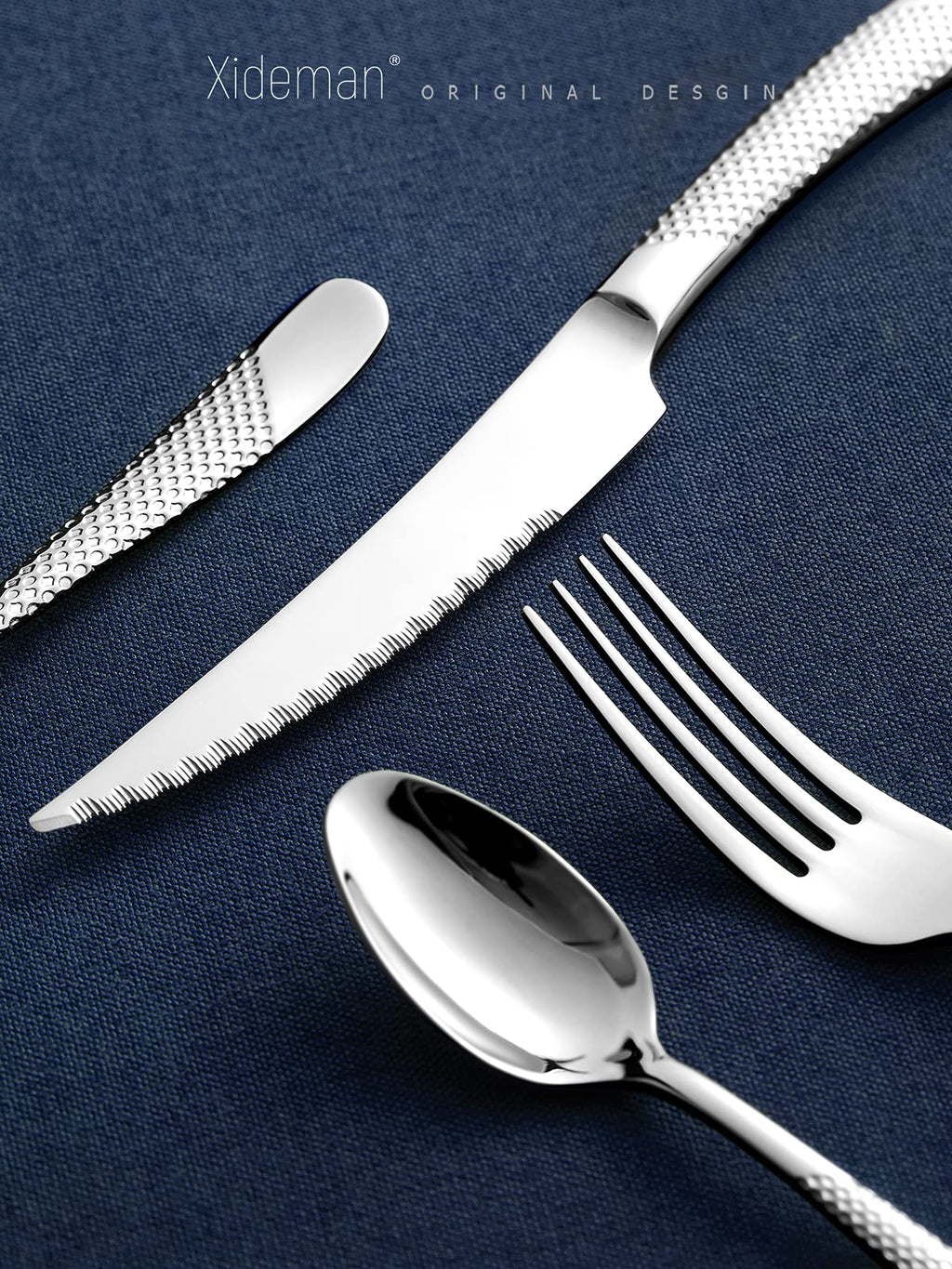 16-Piece Modern Black Hammered Silverware Set with Ultra Sharp 2-IN-1 Serrated Knives, 18/10 Stainless Steel Flatware Set, Titanium Plated Cutlery Set Service for 4, Dishwasher Safe