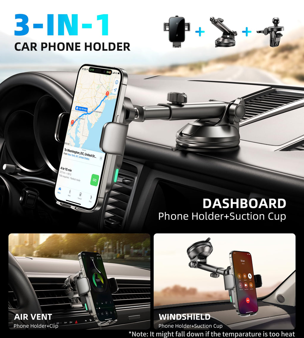 Dual Coil 15W Car Phone Holder Wireless Car Charger -Auto Clamping- Charging Phone Holders for Your Car Dash Vent Windshield, for Flip S25/S24/S23/S22, iPhone 17/16/15/14