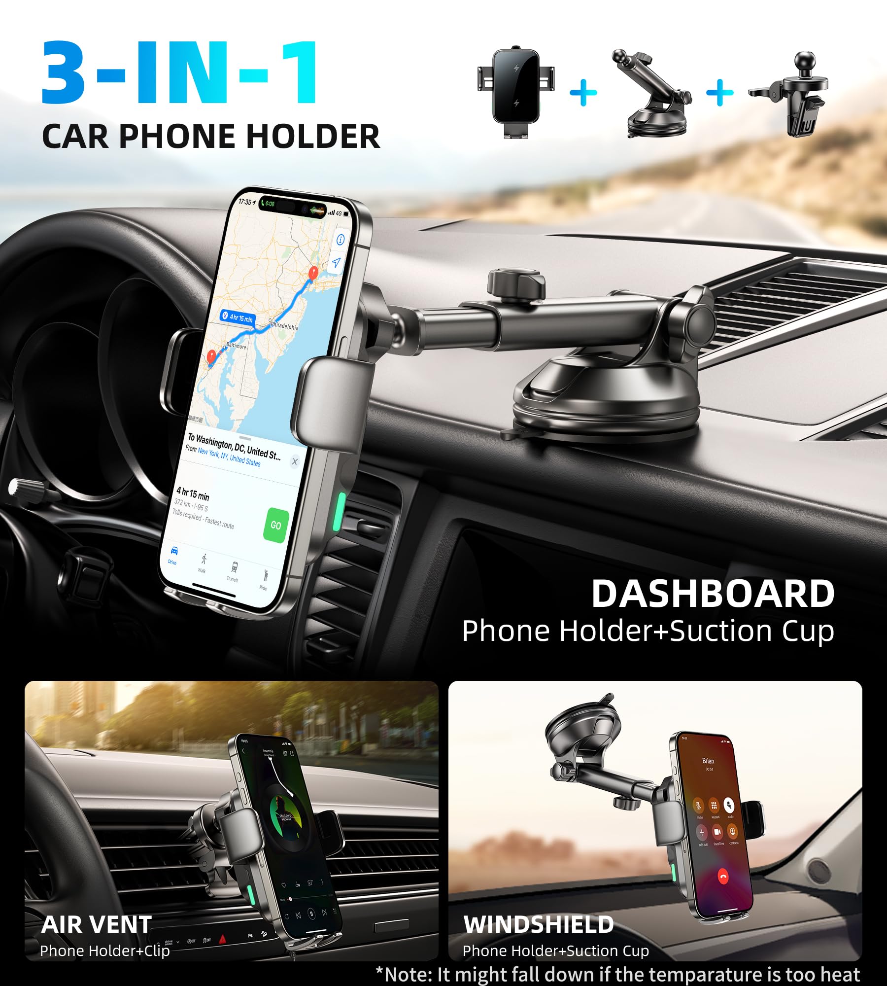 Dual Coil 15W Car Phone Holder Wireless Car Charger -Auto Clamping- Charging Phone Holders for Your Car Dash Vent Windshield, for Flip S25/S24/S23/S22, iPhone 17/16/15/14