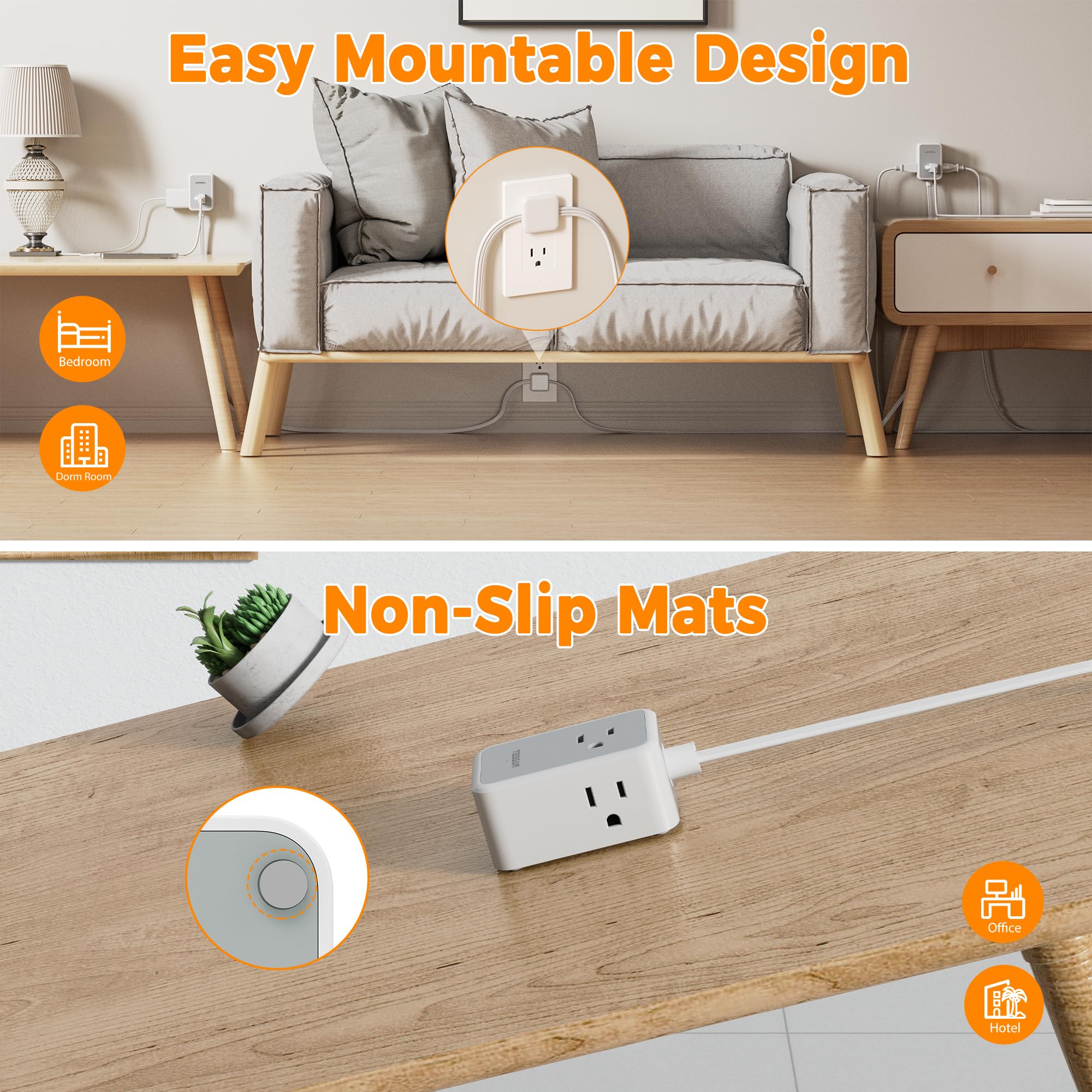 TESSAN Small Flat Plug Power Strip, Ultra Thin Extension Cord 5 ft, 3 AC Outlets with 3 USB Ports (1 USB C), Multiple Wall Outlet Extender for Cruise Travel Office School Dorm Room Essentials, Black
