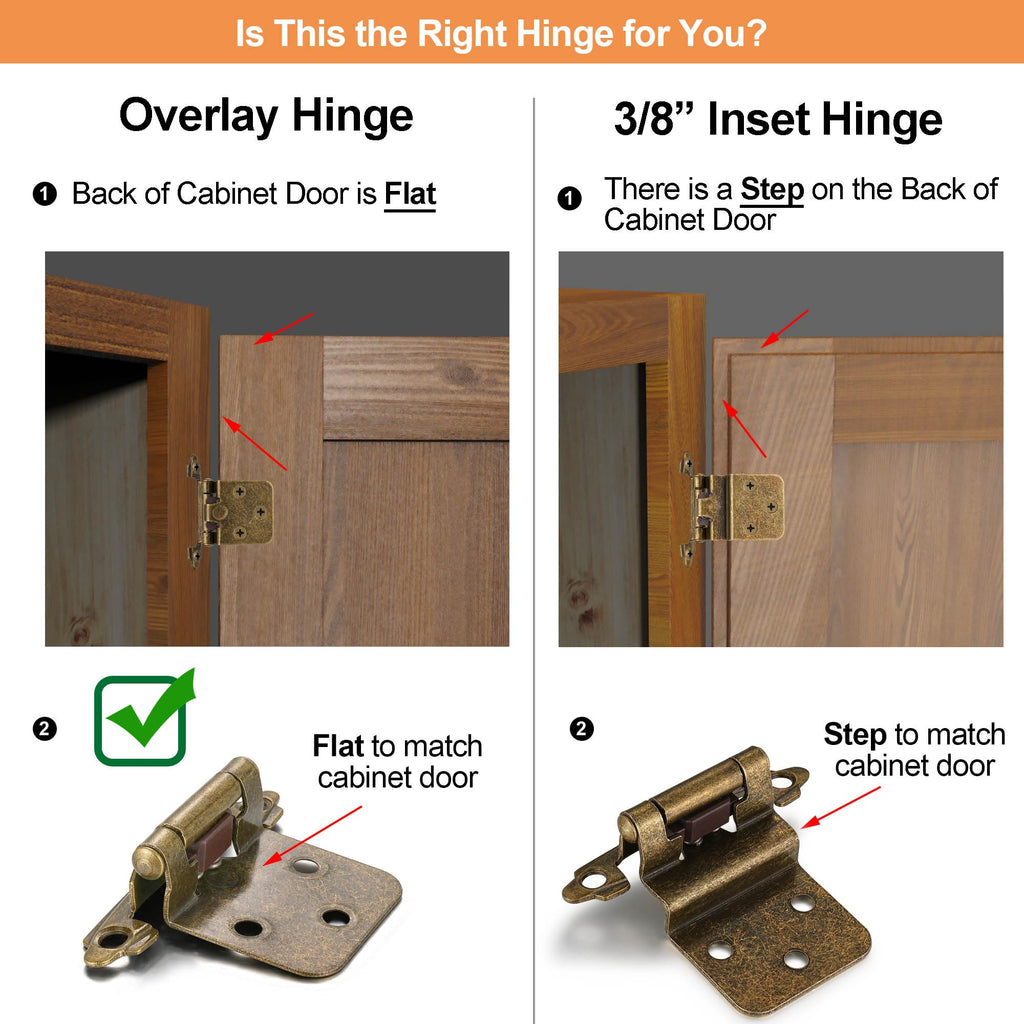 4 Pack (2 Pairs) Antique Brass Self Closing Cabinet Hinges for Kitchen Cabinet Door, 1/2" Overlay (Variable) Semi Concealed Kitchen Cabinet Hinges