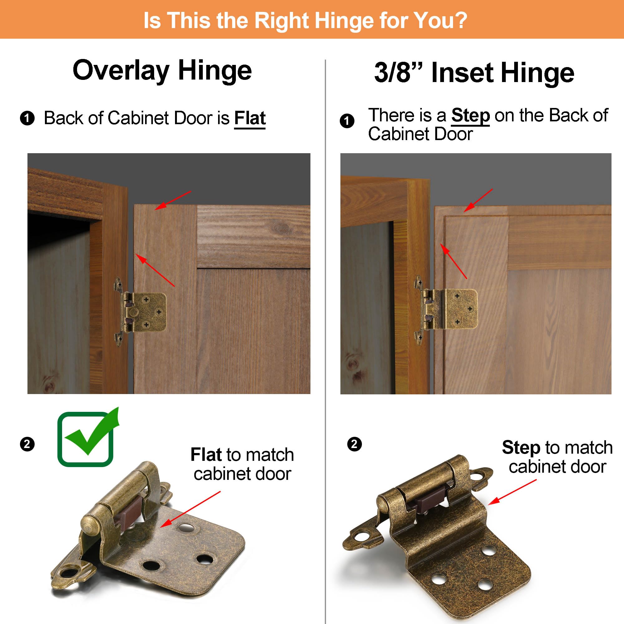 4 Pack (2 Pairs) Antique Brass Self Closing Cabinet Hinges for Kitchen Cabinet Door, 1/2" Overlay (Variable) Semi Concealed Kitchen Cabinet Hinges