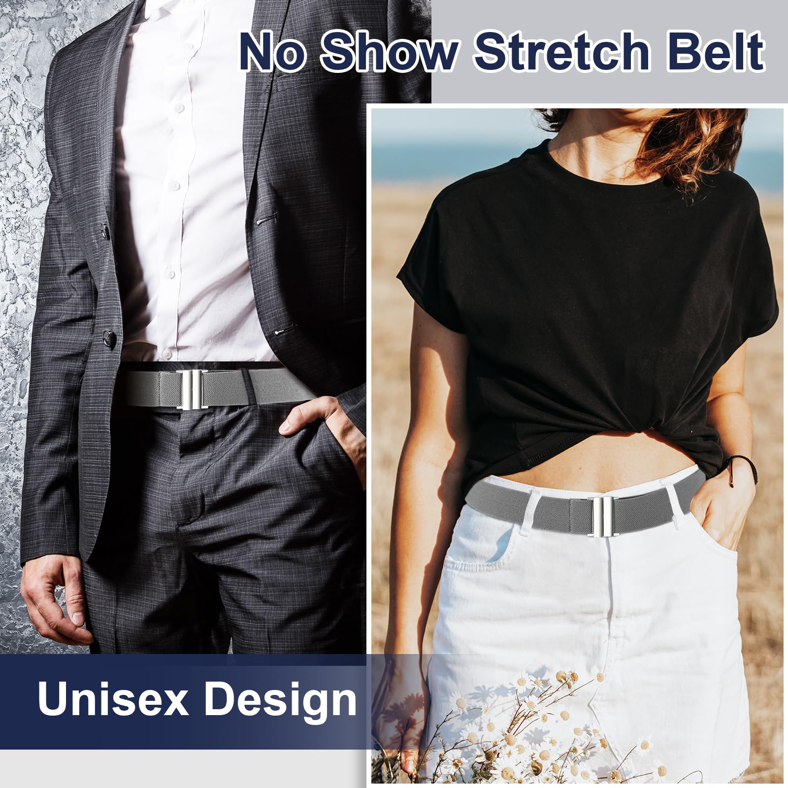 TOURZOO No Show Invisible Belt for Women/Men Elastic Web Strap Waist Stretch Belt with Flat Buckle for Jeans Pants Dresses