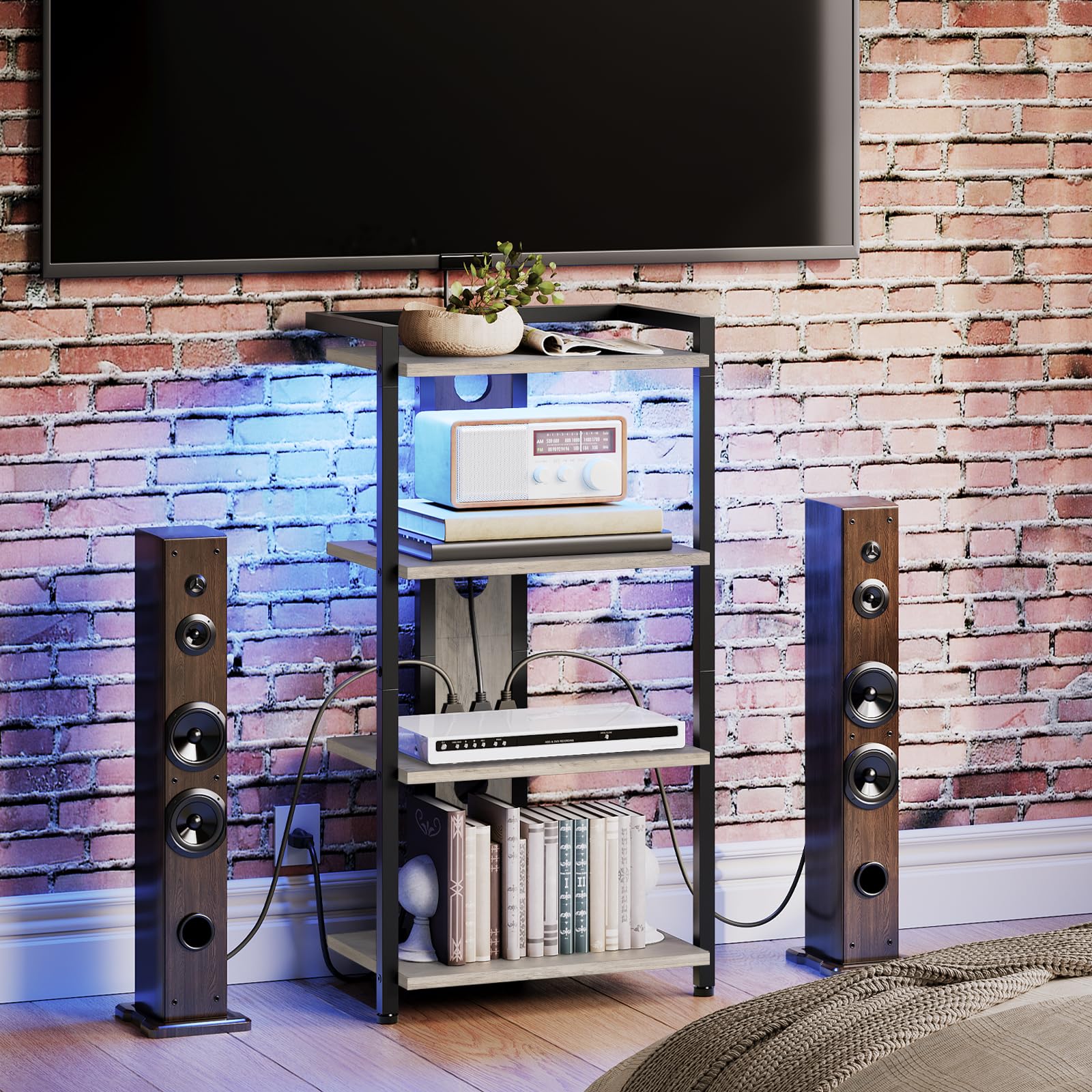 HOOBRO Game Console Shelf, 4-Tier Video Gaming Consoles Stand with Outlet & RGB Light, Audio Rack Tower for Turntable, Stereo Equipment, Wooden Entertainment Storage Stand, Black BB38UDCJ01