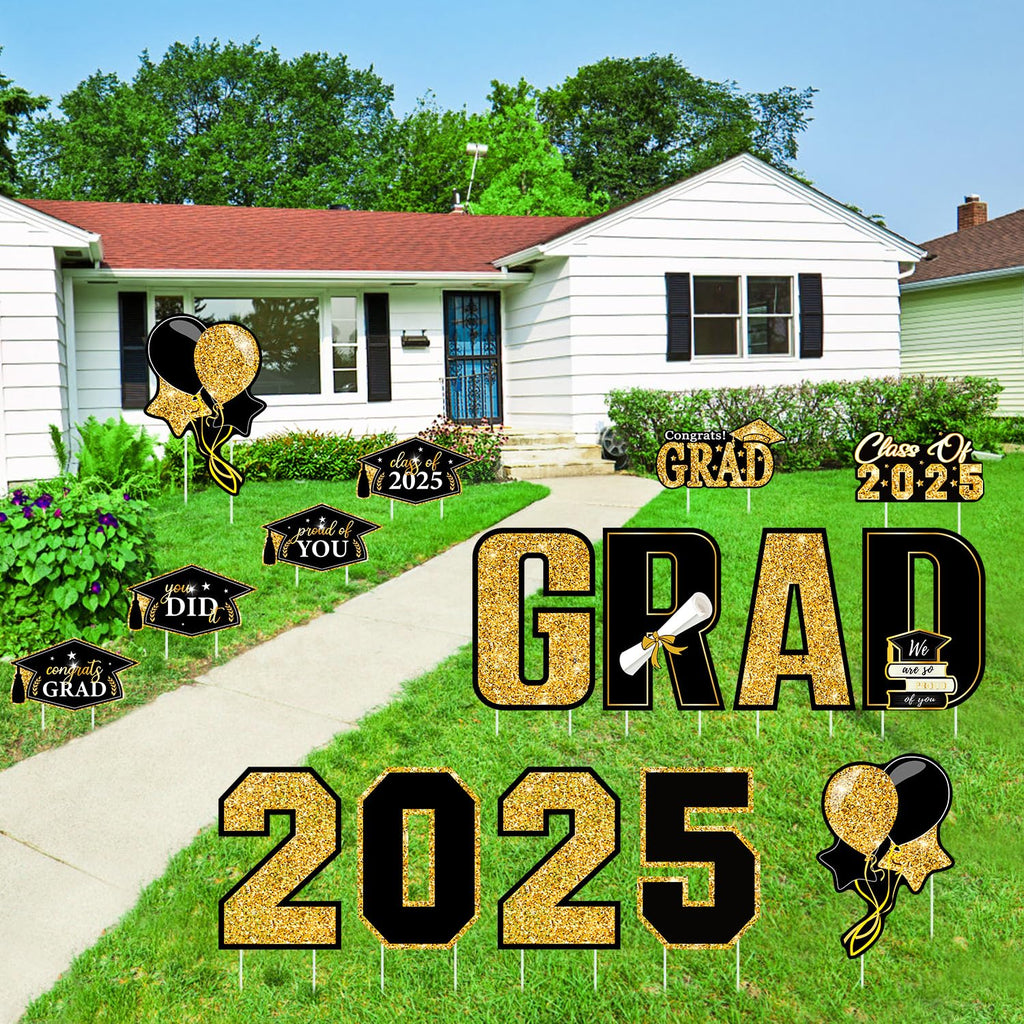 Multiwins 16 PCS Graduation Yard Signs, Black Gold Graduation Yard Signs Class Of 2025, 16 Inches Large Congrats Grad 2025 Yard Signs with Stakes For 2025 Graduation Decorations